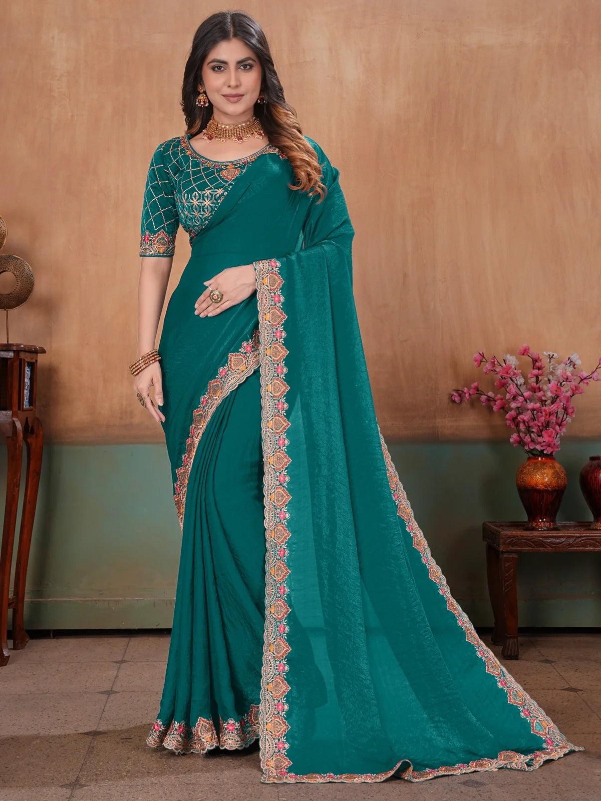 Tarani teal Soft Fandy Satin saree with embroidery bits work full front view and readymade blouse