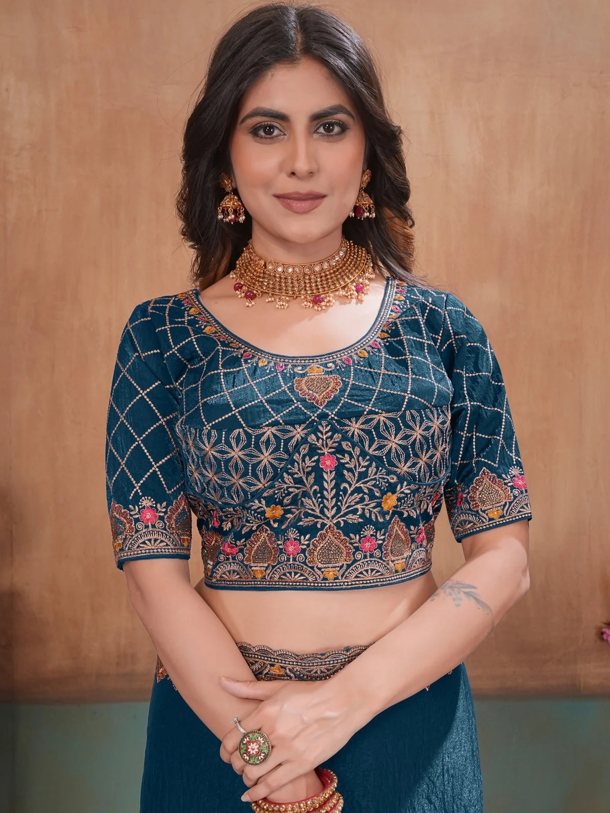 Tarani teal Fandy Satin embroidered stitched blouse upper body view