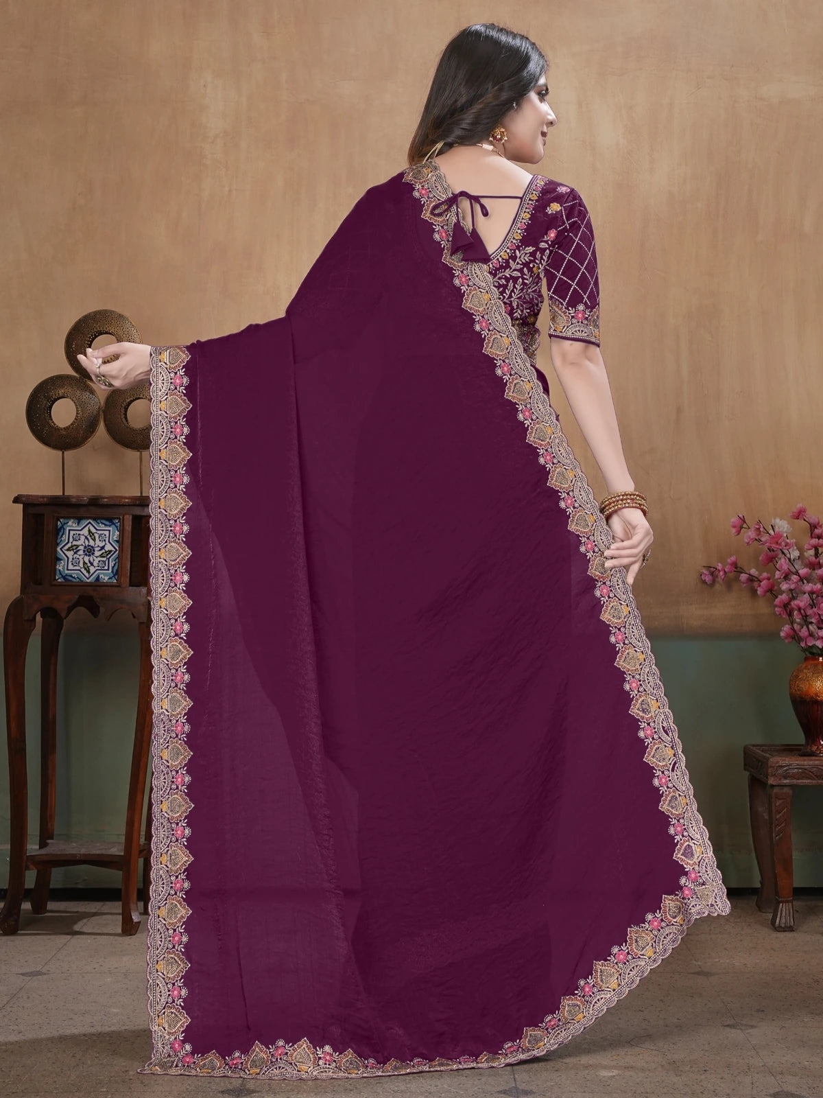 Tarani wine Soft Fandy Satin embroidery bits work saree back-view with readymade blouse Anshita