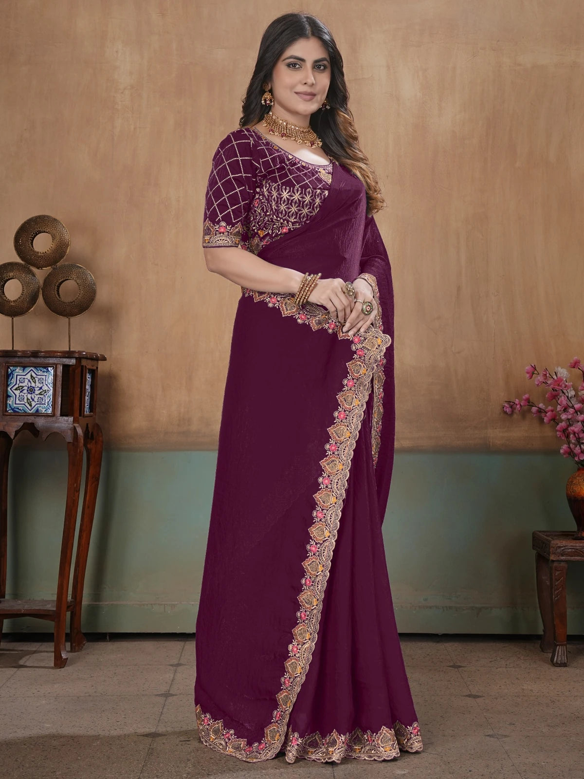 Tarani wine Soft Fandy Satin embroidery bits work saree front-view with readymade blouse Anshita