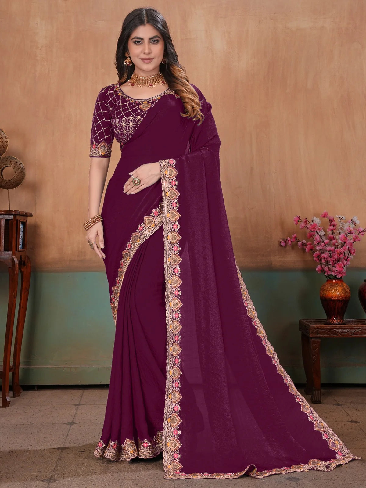 Tarani wine Soft Fandy Satin embroidery bits work saree full-view with readymade blouse Anshita