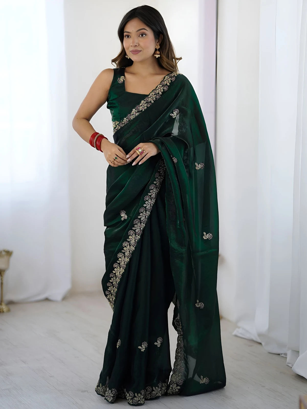 Tarani green Fandy Satin Silk saree full view with sequin embroidery and cutwork border for wedding wear