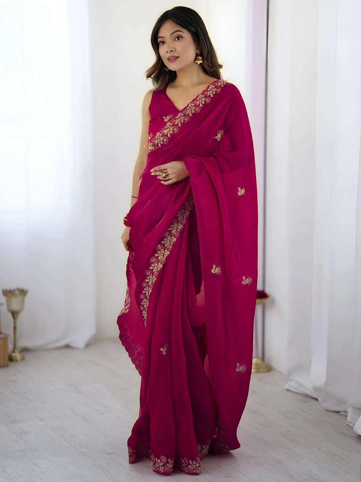 Tarani Ashmita magenta embroidered Fandy Satin Silk saree front view with elegant drape for festive occasions