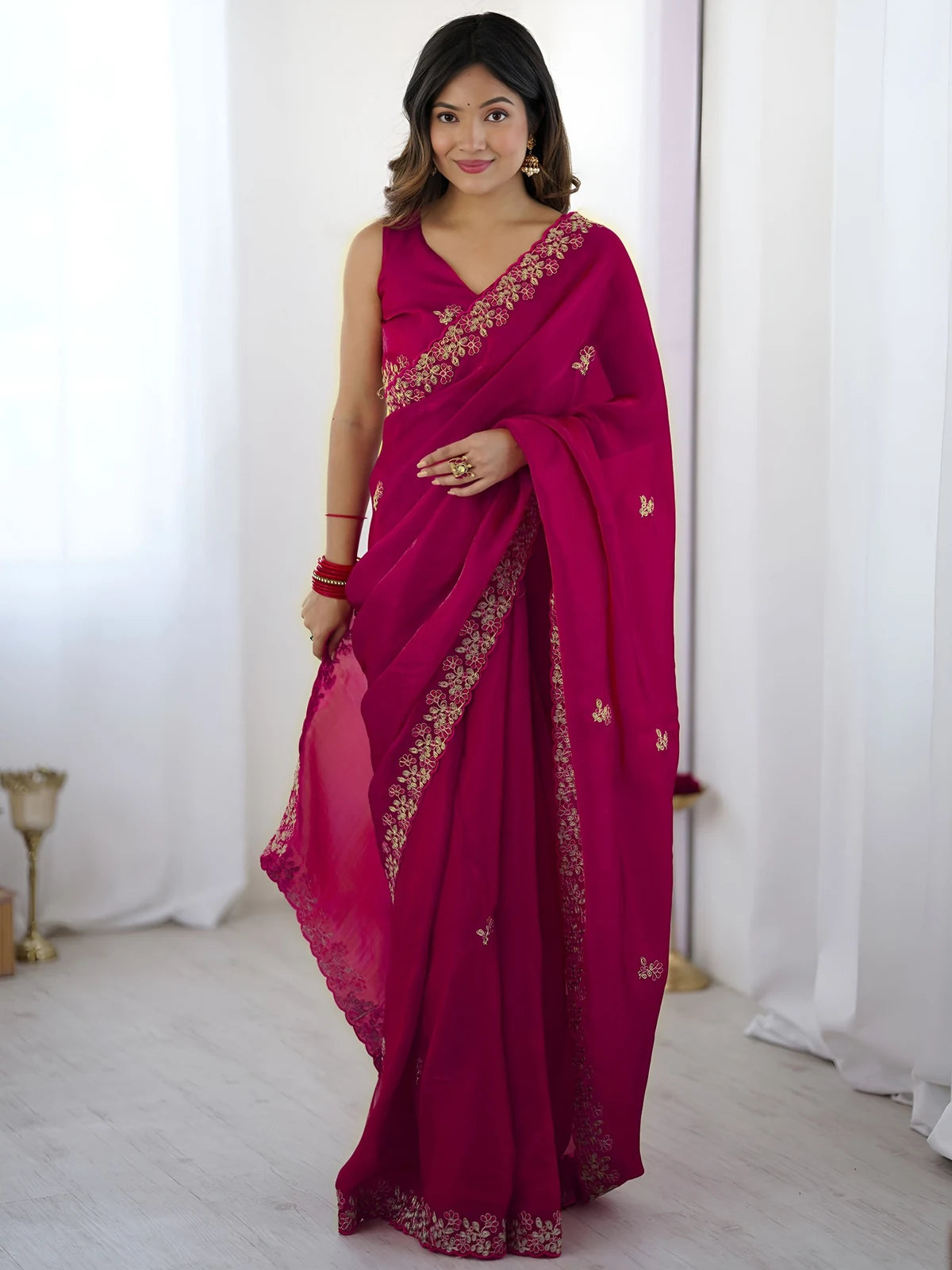 Tarani Ashmita magenta Fandy Satin Silk saree full view with sequin thread embroidery and cutwork border party wear
