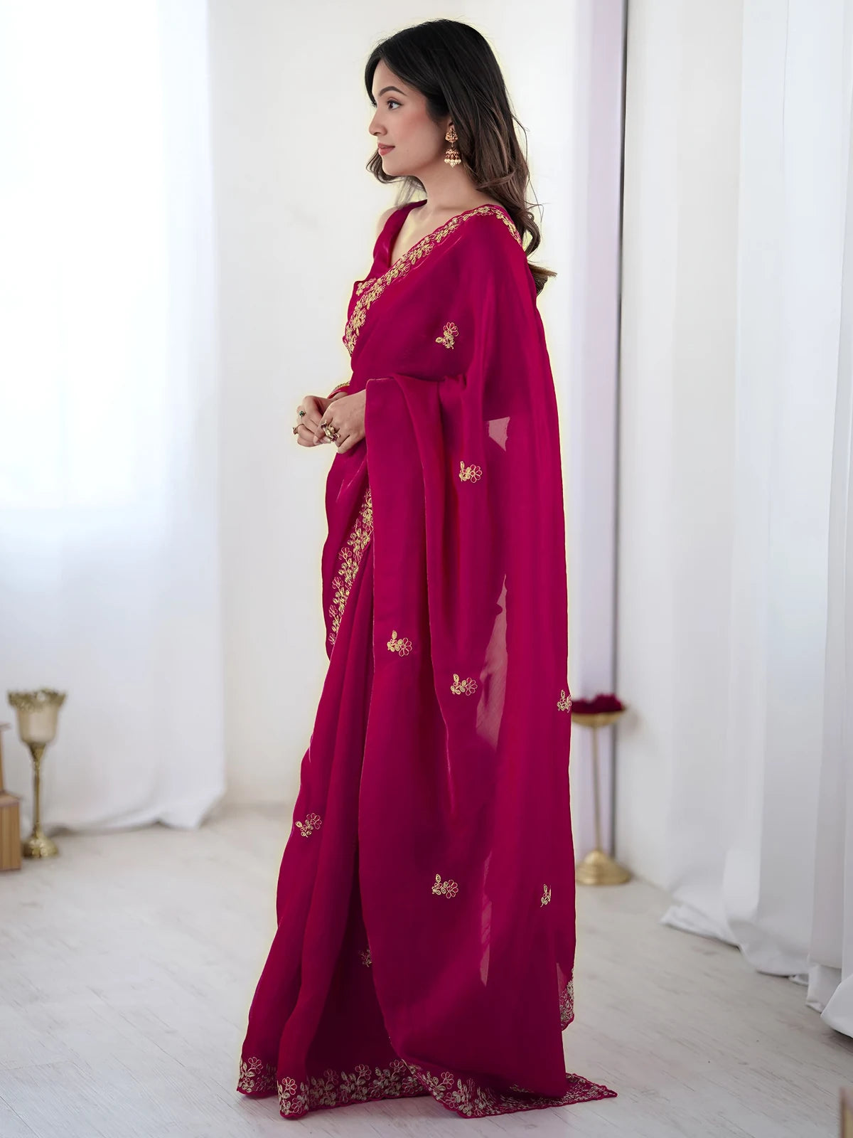 Tarani Ashmita magenta Fandy Satin Silk saree side view showcasing sequin embroidery and flowing pallu