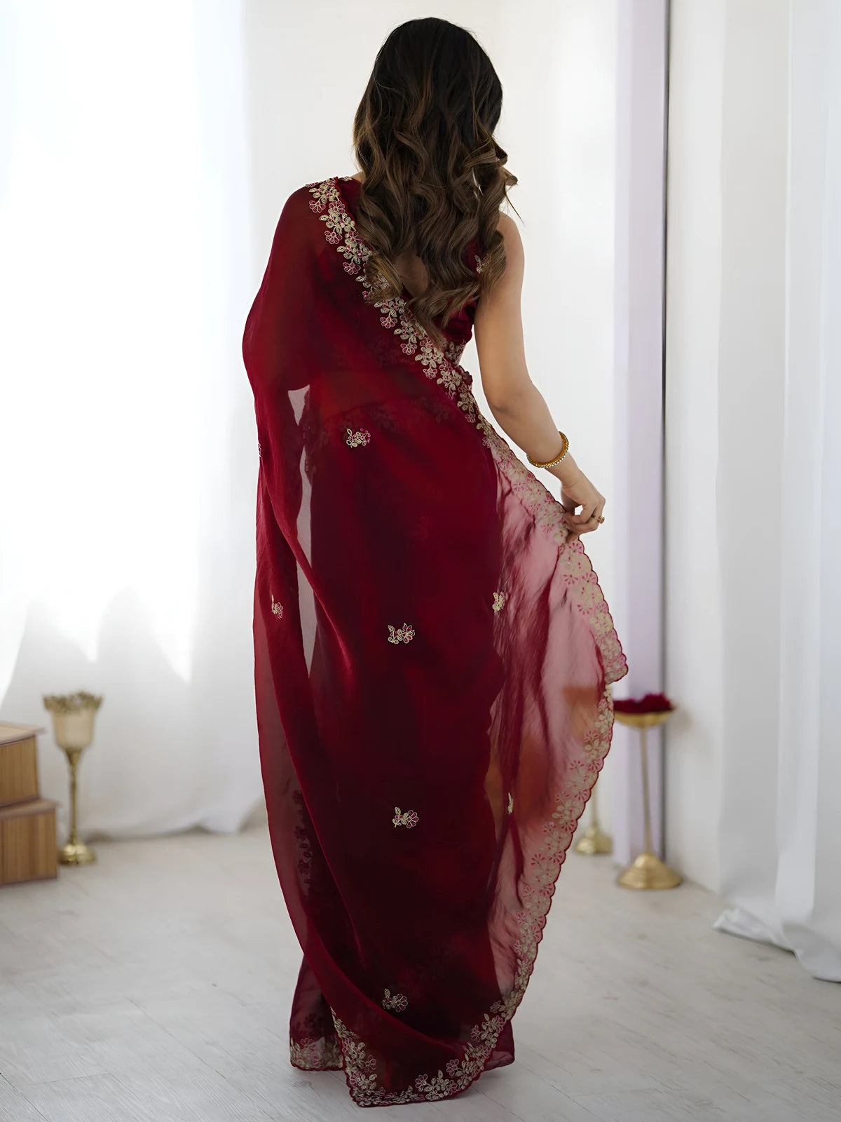 Tarani maroon Fandy Satin Silk saree back view with embroidered pallu and elegant drape