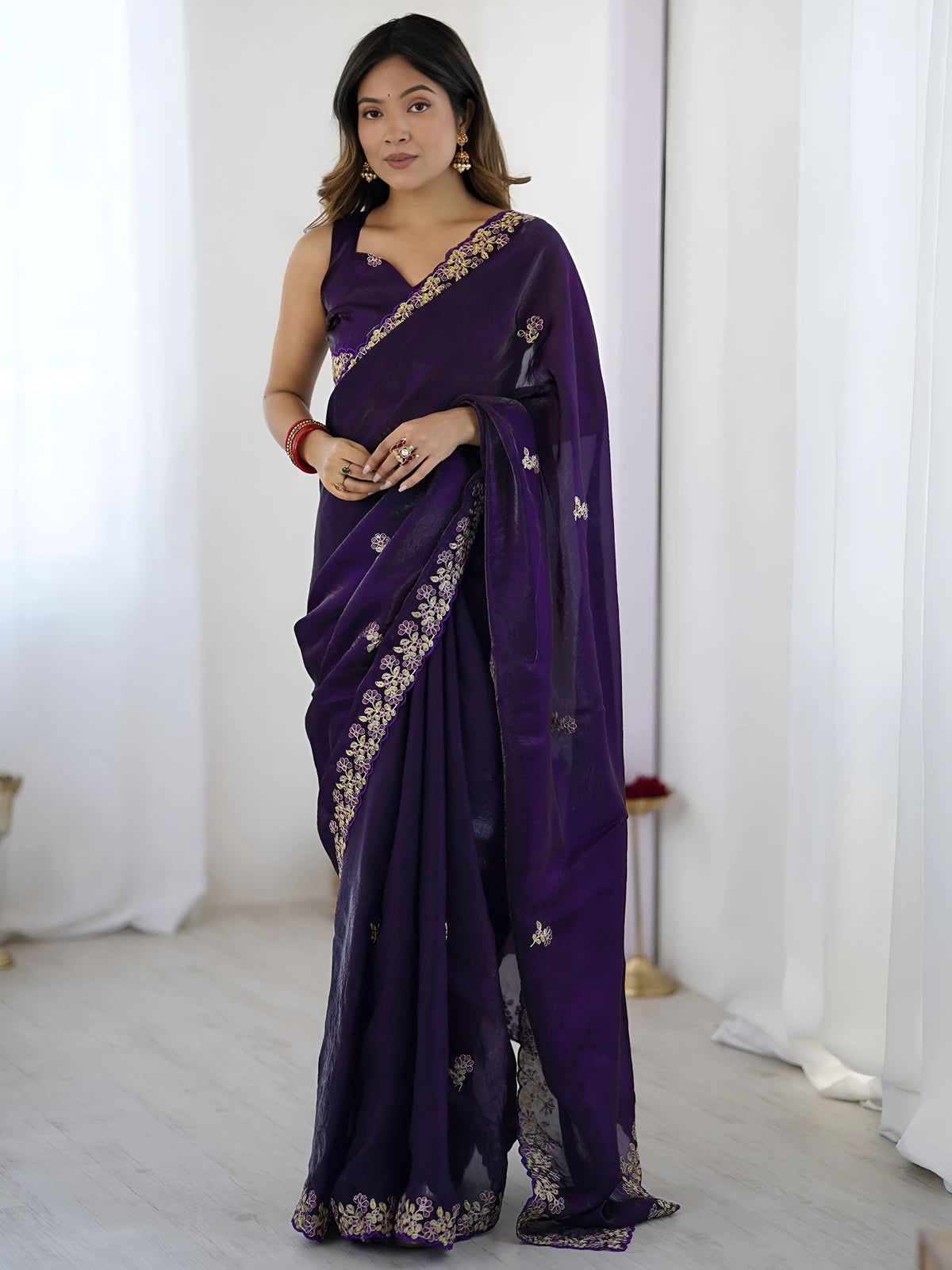 Tarani purple Fandy Satin Silk saree full view with sequins embroidery and cutwork border
