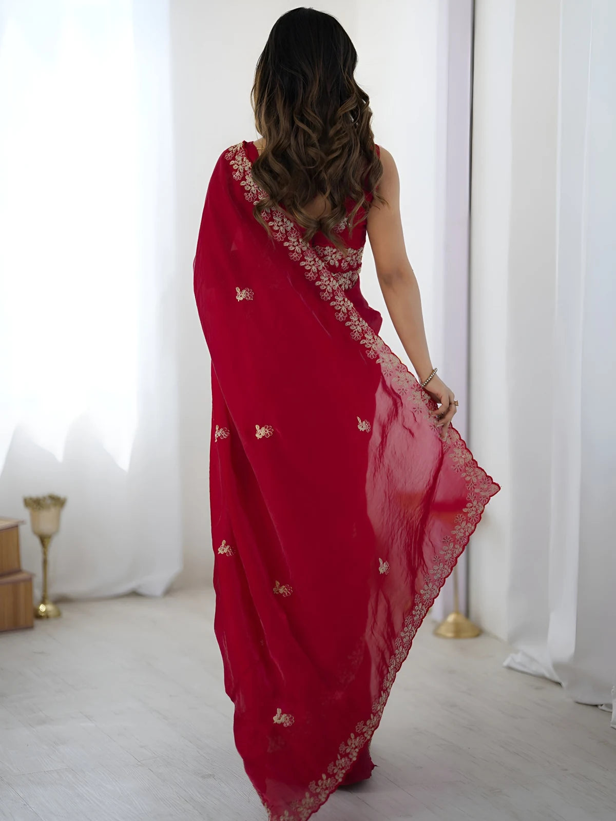 Tarani red Fandy Satin Silk saree back view with embroidered pallu and elegant look