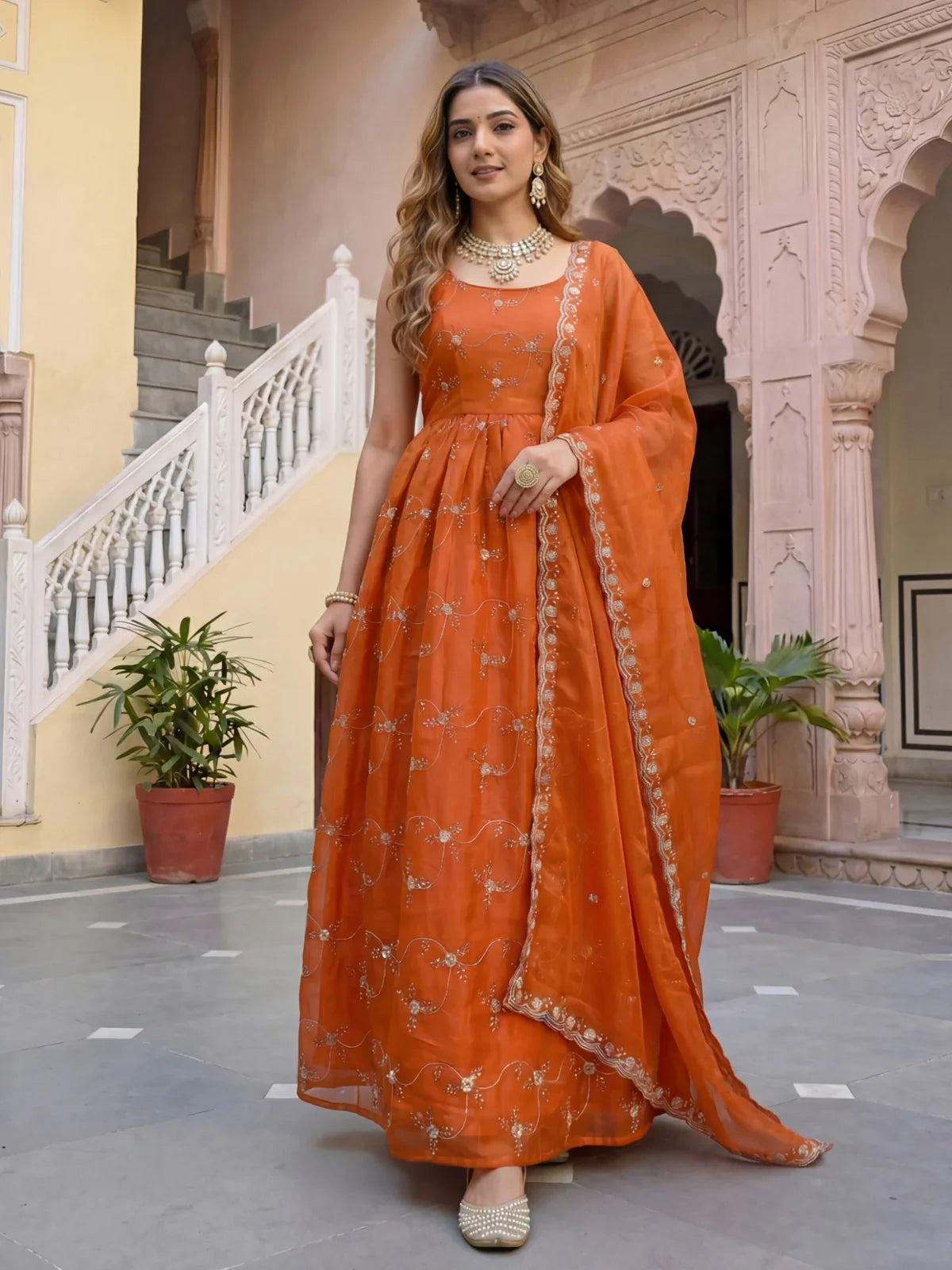 Tarani orange fandy silk festive dress full view with dupatta and pant for weddings