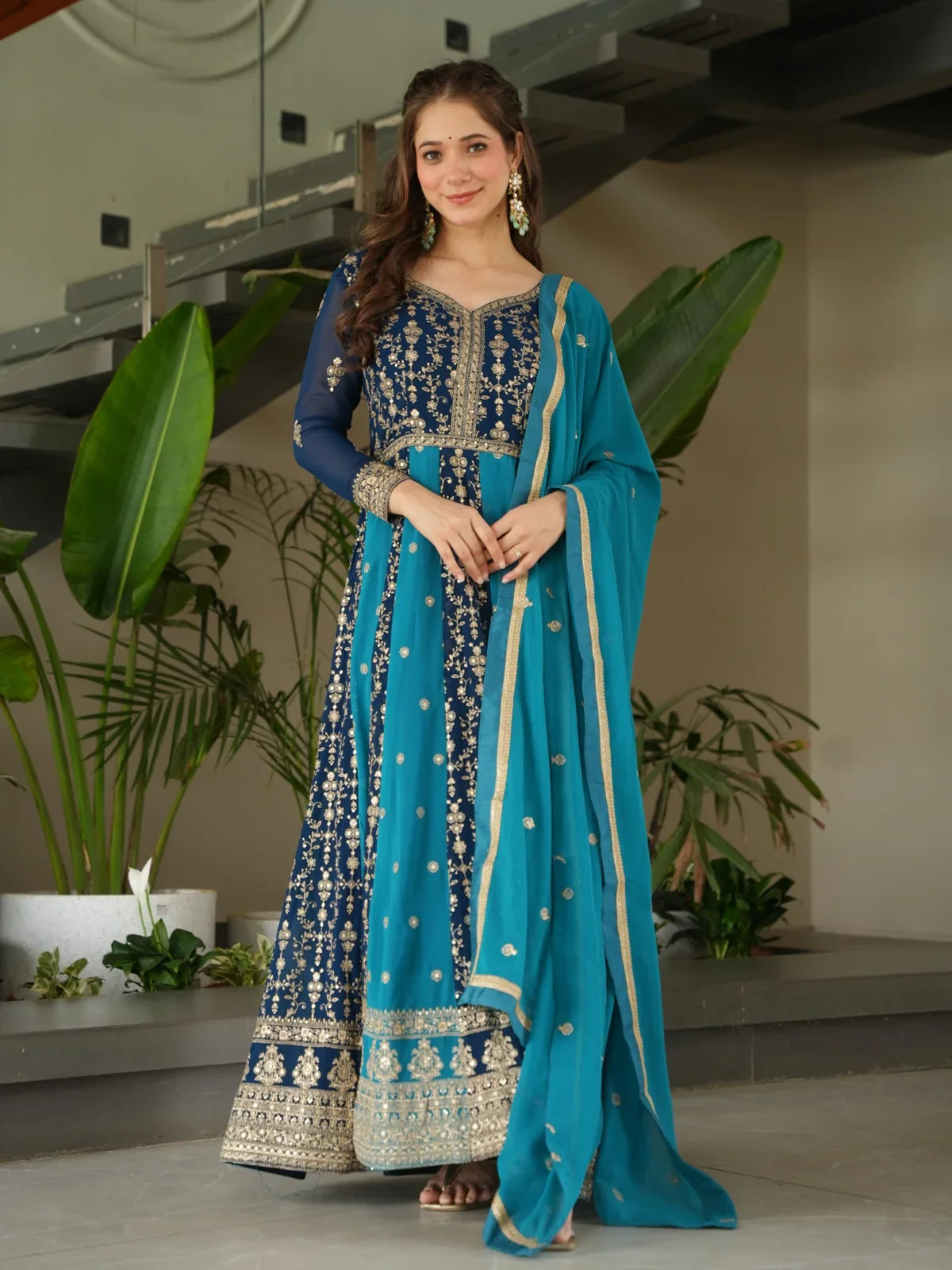 Tarani premium blue faux blooming gown with dupatta full view front pose