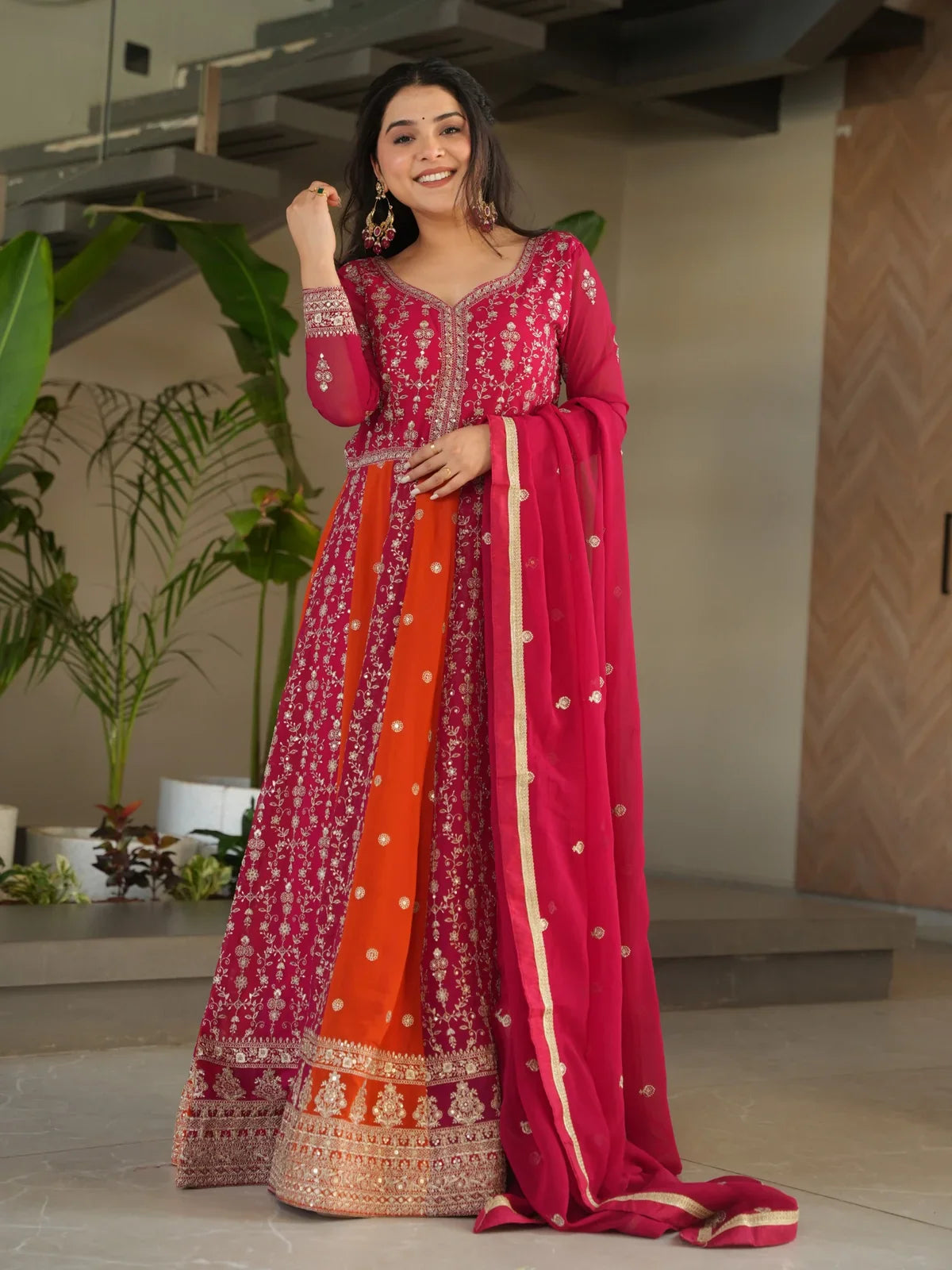 Tarani faux blooming pink gown dress with zari sequins embroidery and dupatta full view