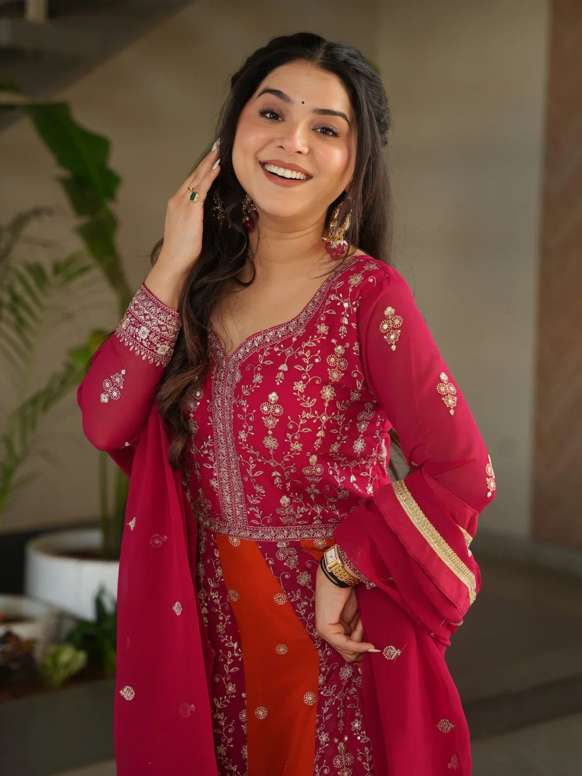 Tarani faux blooming pink gown upper body view with zari sequins embroidery