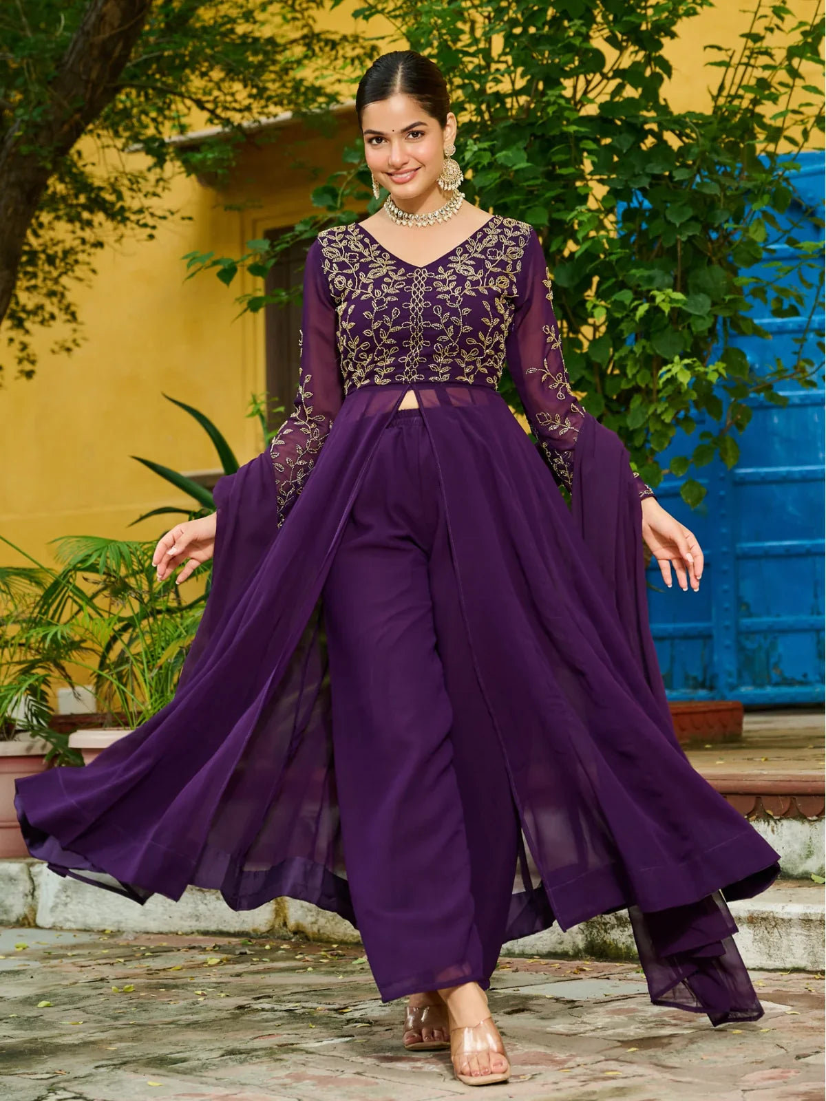 Tarani purple embroidered faux blooming dress full length view with dupatta and pant