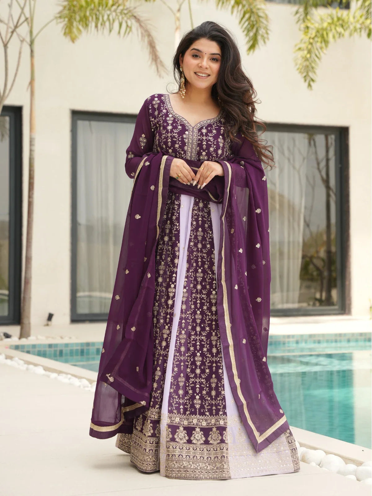 Tarani premium purple faux blooming embroidered gown with dupatta full view