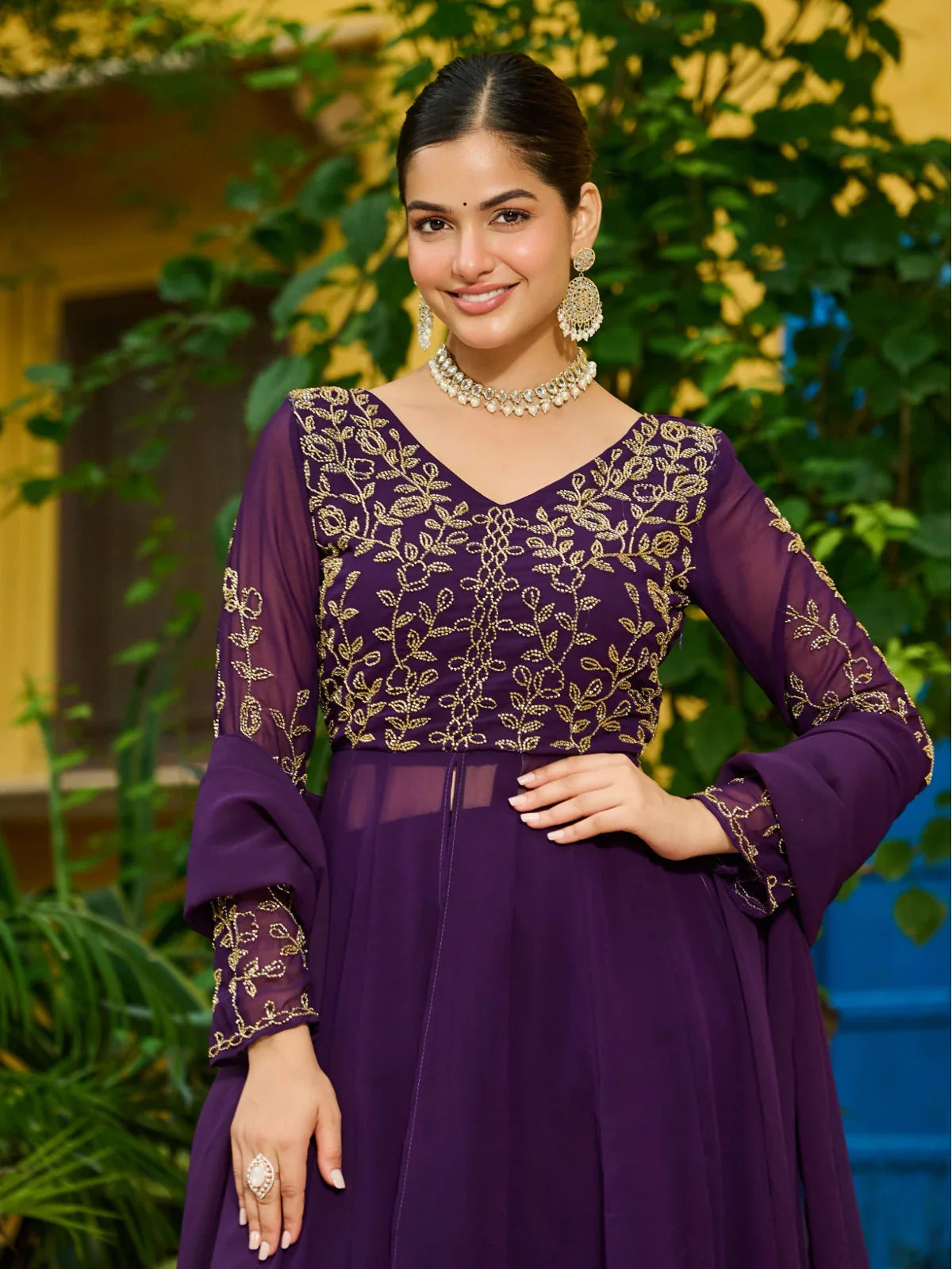 Tarani purple faux blooming dress upper body closeup with full sleeves and handwork