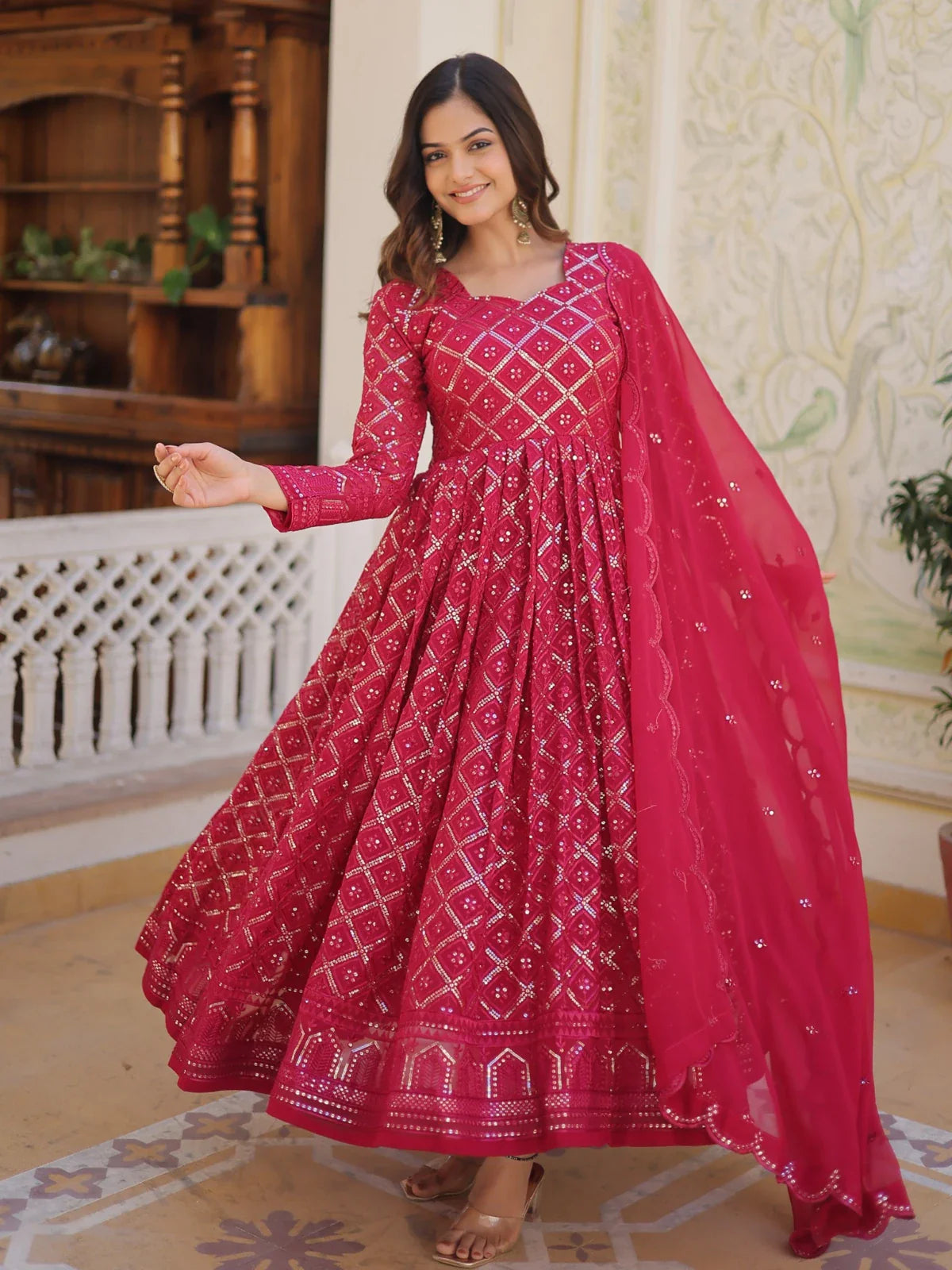 Tarani rani faux blooming embroidered gown with dupatta full front view