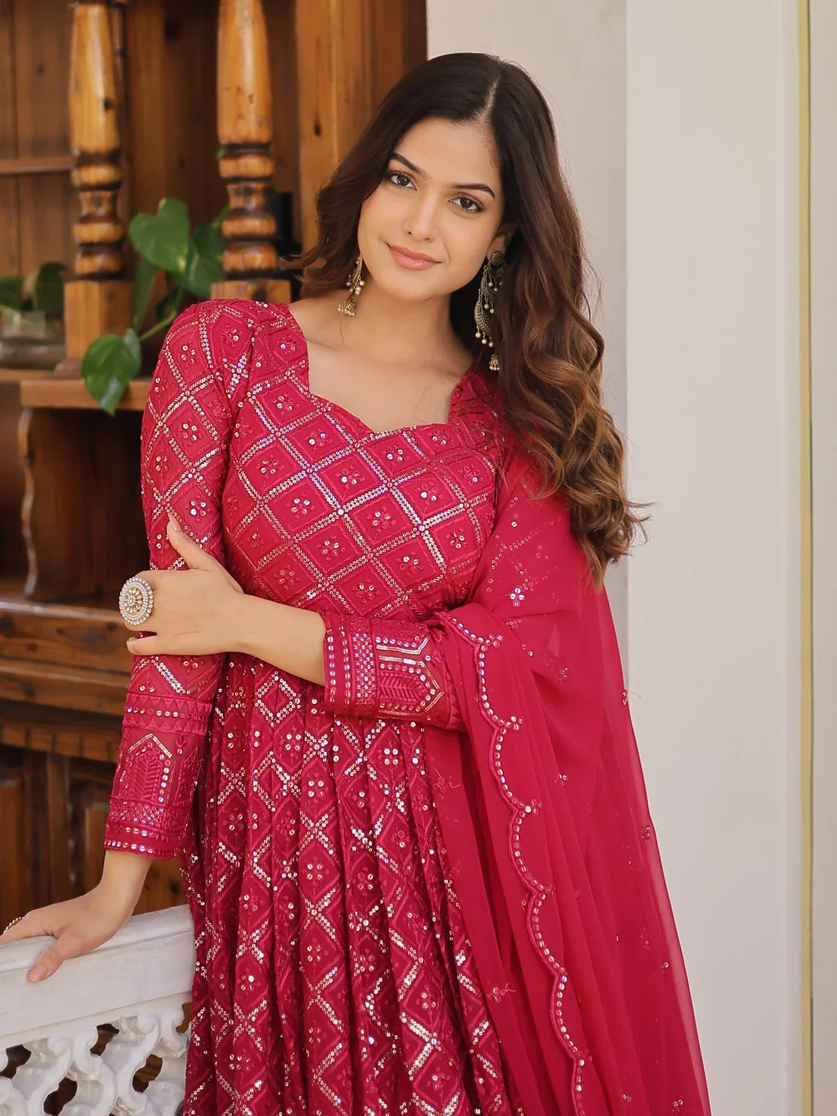 Tarani rani faux blooming embroidered gown with dupatta upper body close view