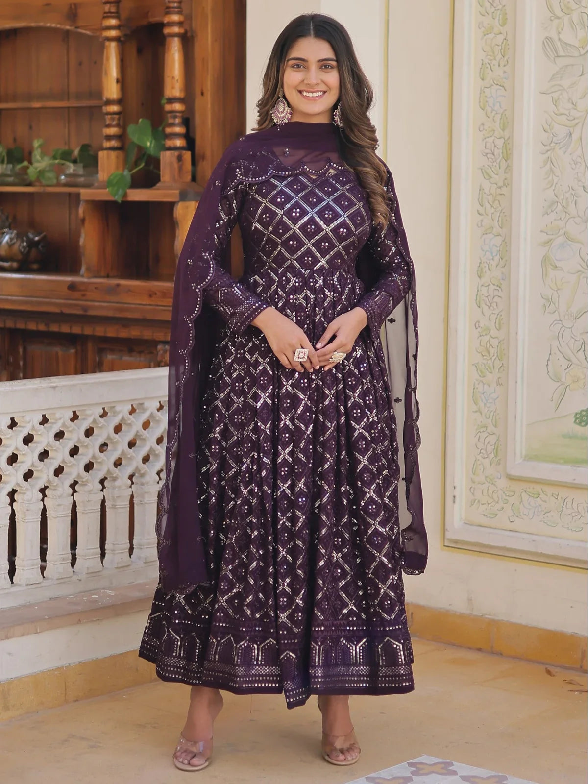 Tarani wine faux blooming embroidered gown with dupatta full view