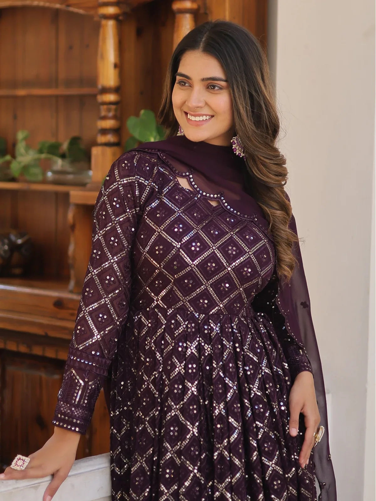 Tarani wine faux blooming embroidered gown with dupatta upper body view