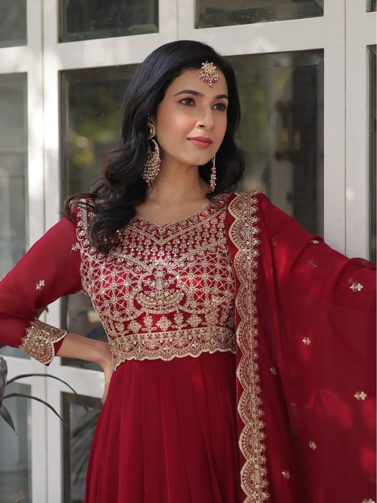 Tarani close-up of embroidered yoke and neckline on maroon faux blooming gown