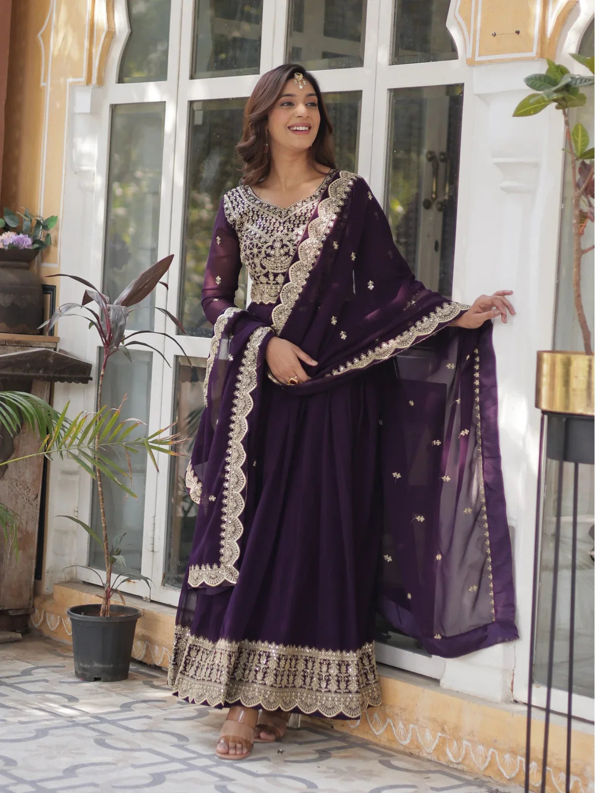 Tarani premium faux blooming purple gown with embroidery and zari work full view