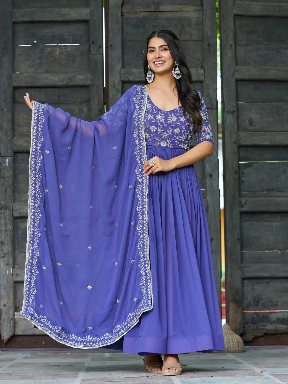 Tarani purple faux blooming ceremonial gown full front view with dupatta and embroidery details