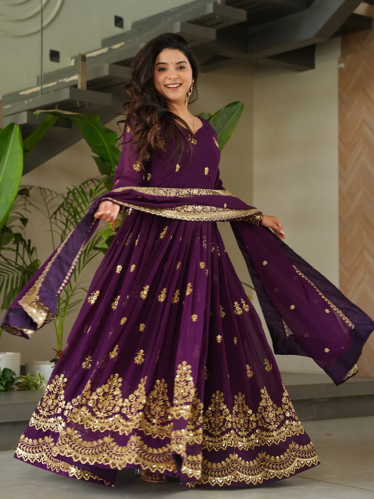Tarani faux blooming gown with 3 meter flare and full embroidery work full view