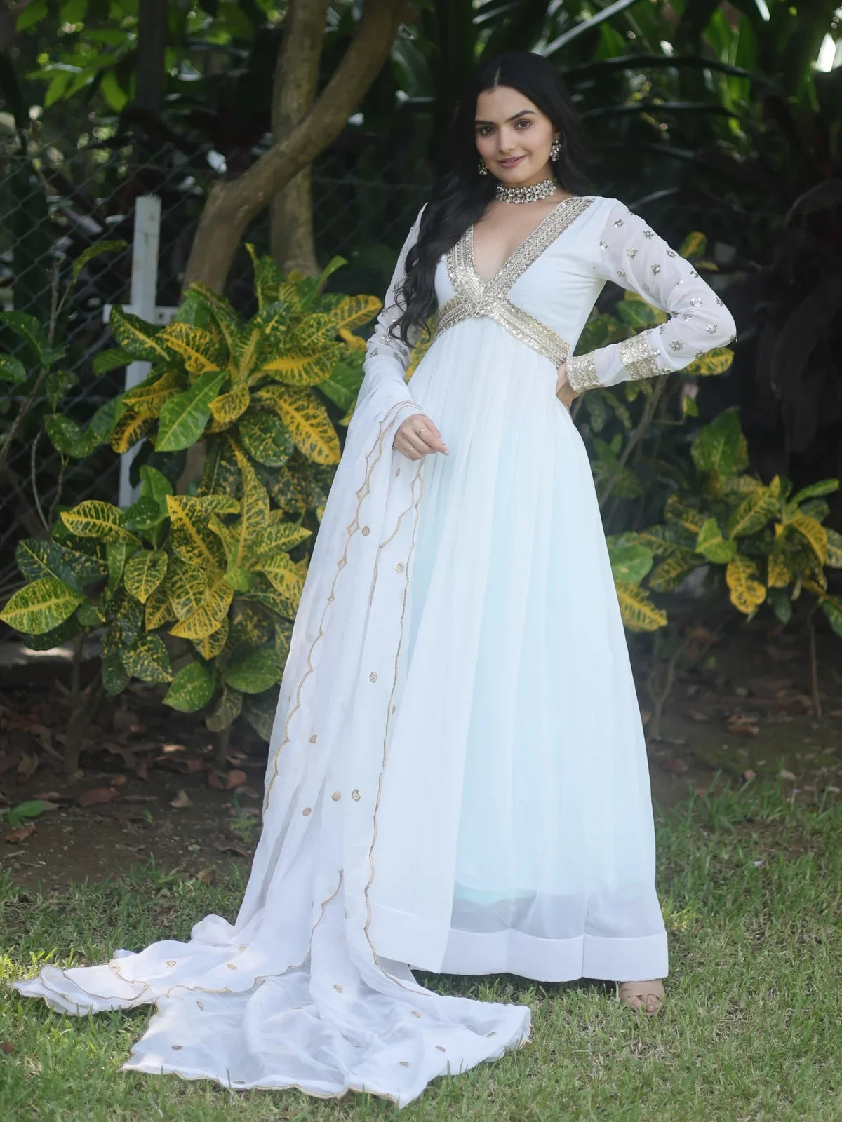 Tarani white faux blooming gown full view with dupatta for festive occasions