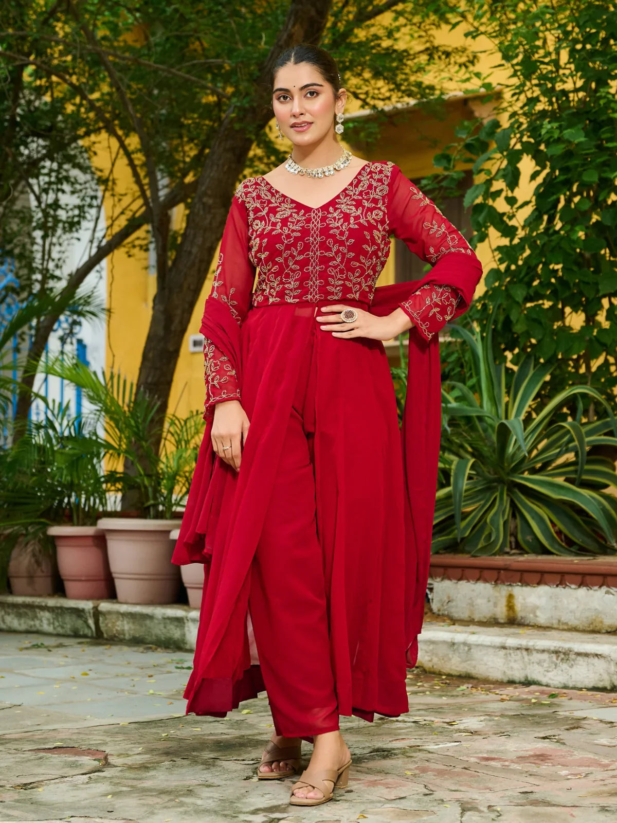 Tarani elegant red faux blooming dress front view with embroidery and dupatta