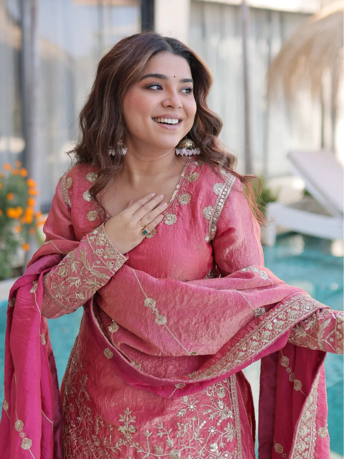 Tarani Fendi Crush dress pink color upper body embroidery closeup view for festive events