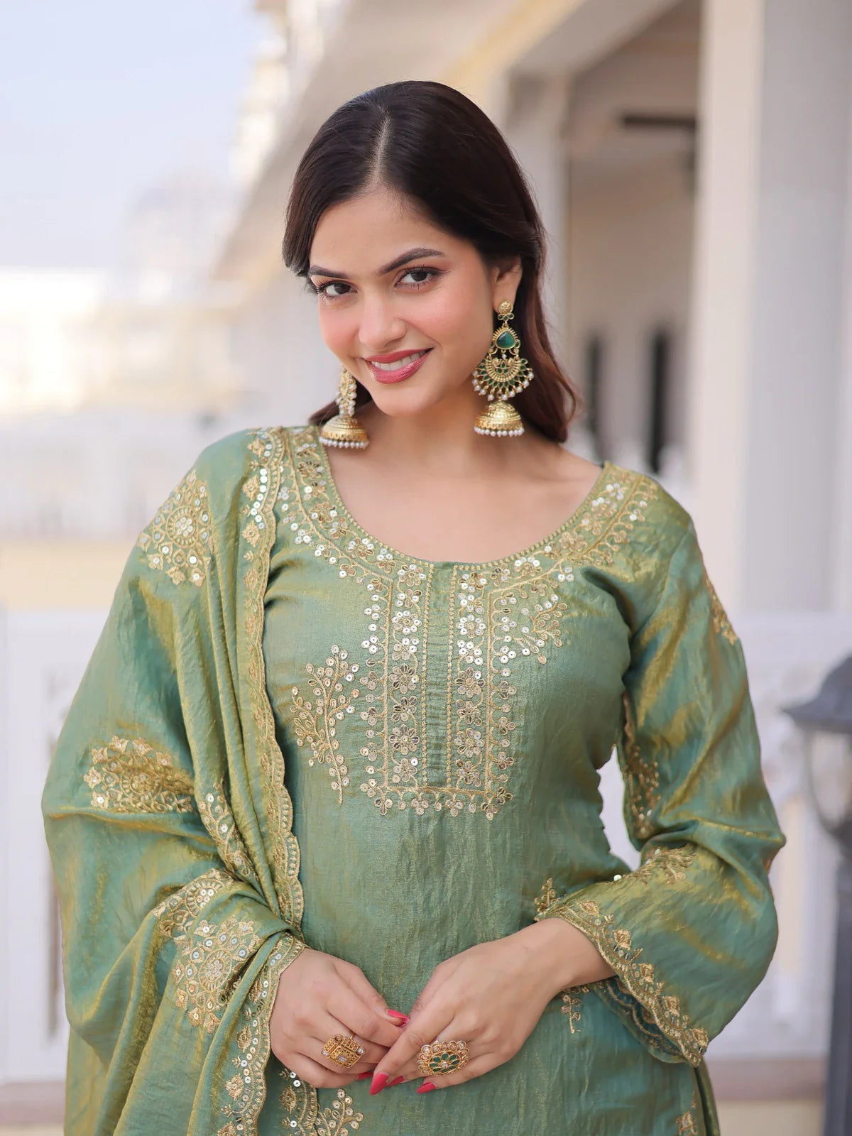 Tarani green embroidered fendi dress upper body closeup with mirror work and zari details