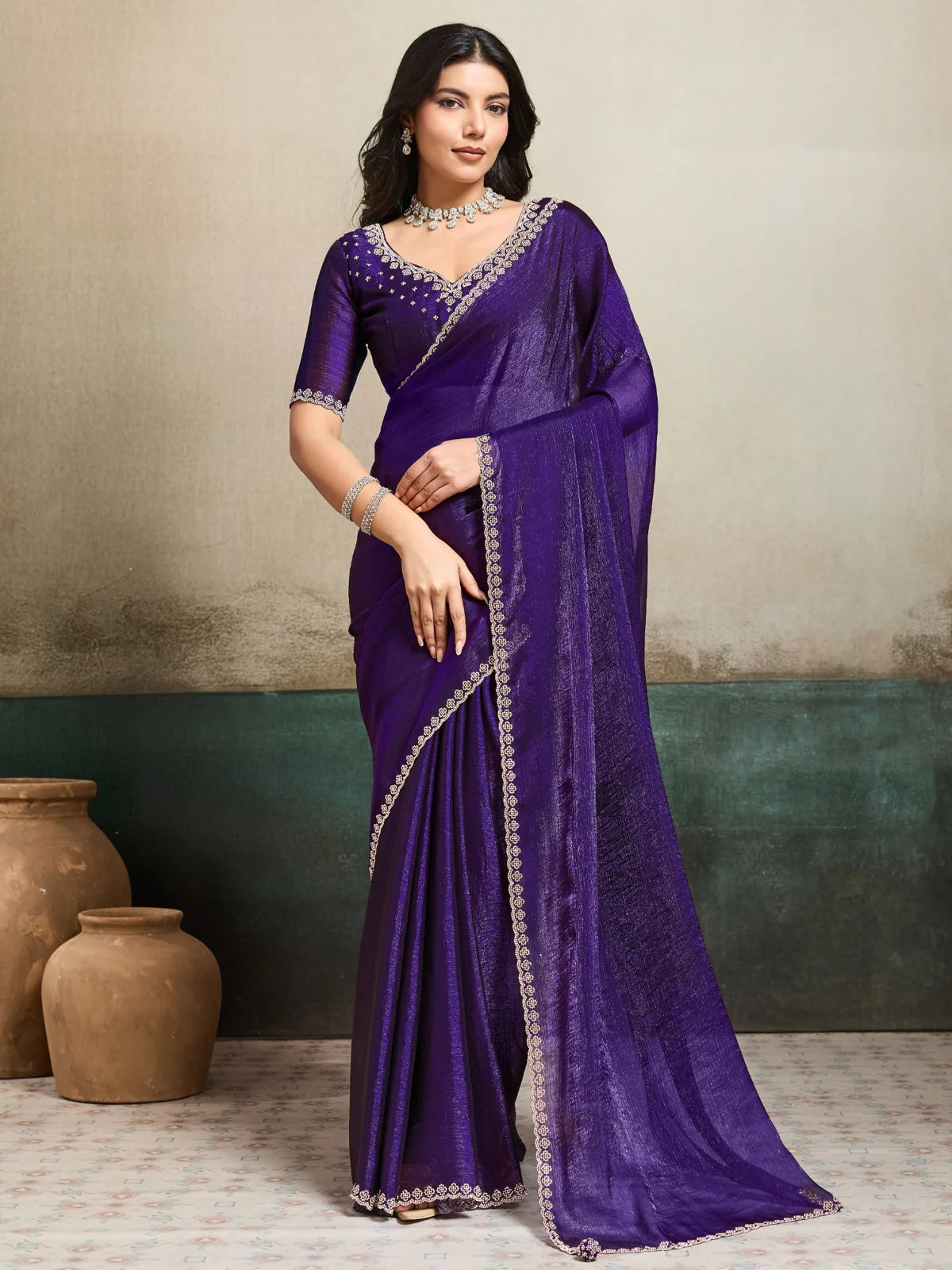 Tarani Mohini purple Fendy Chiffon Blooming saree with Jarque work full saree view