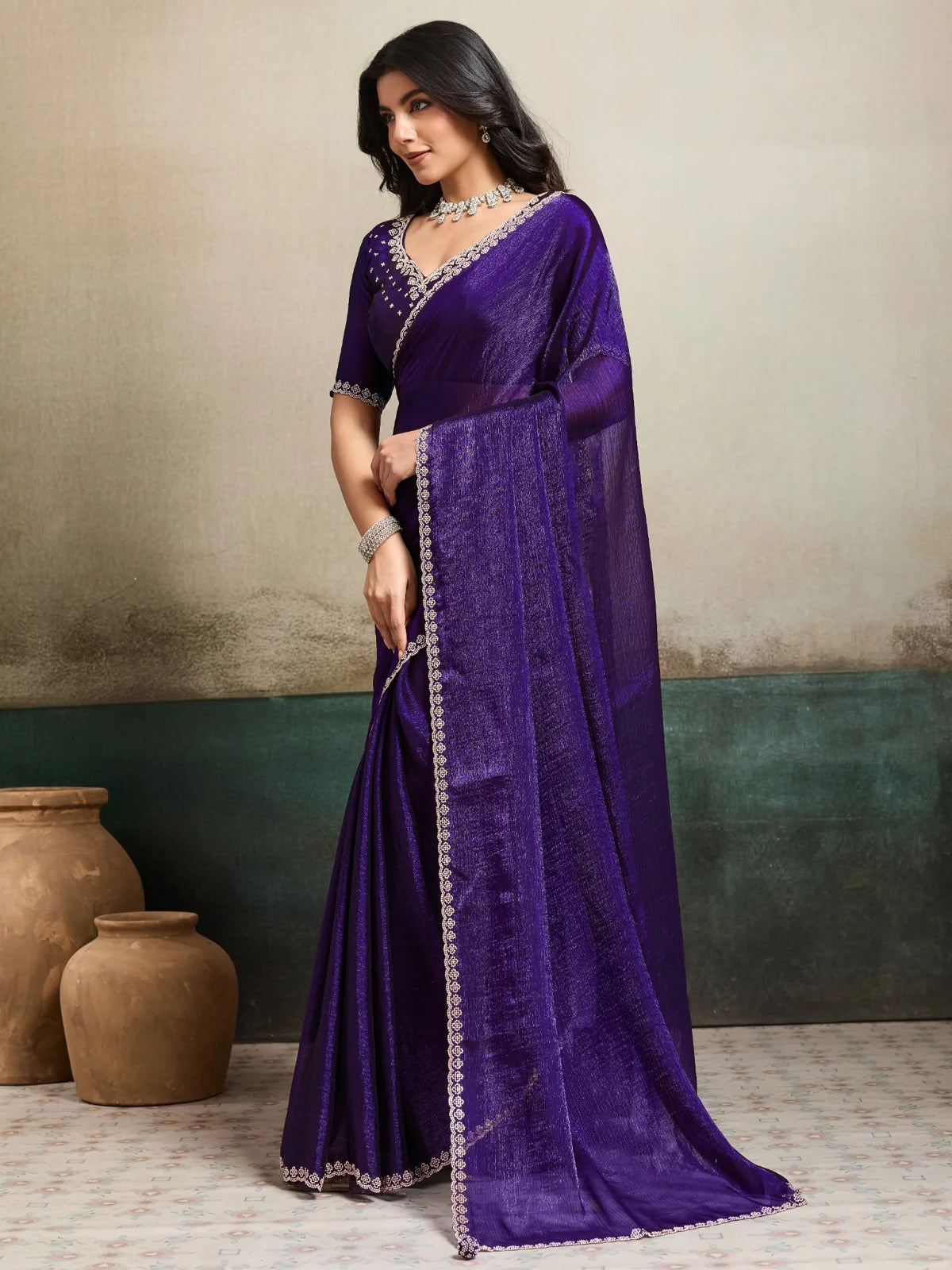 Tarani Mohini purple Fendy Chiffon Blooming saree elegant side profile view