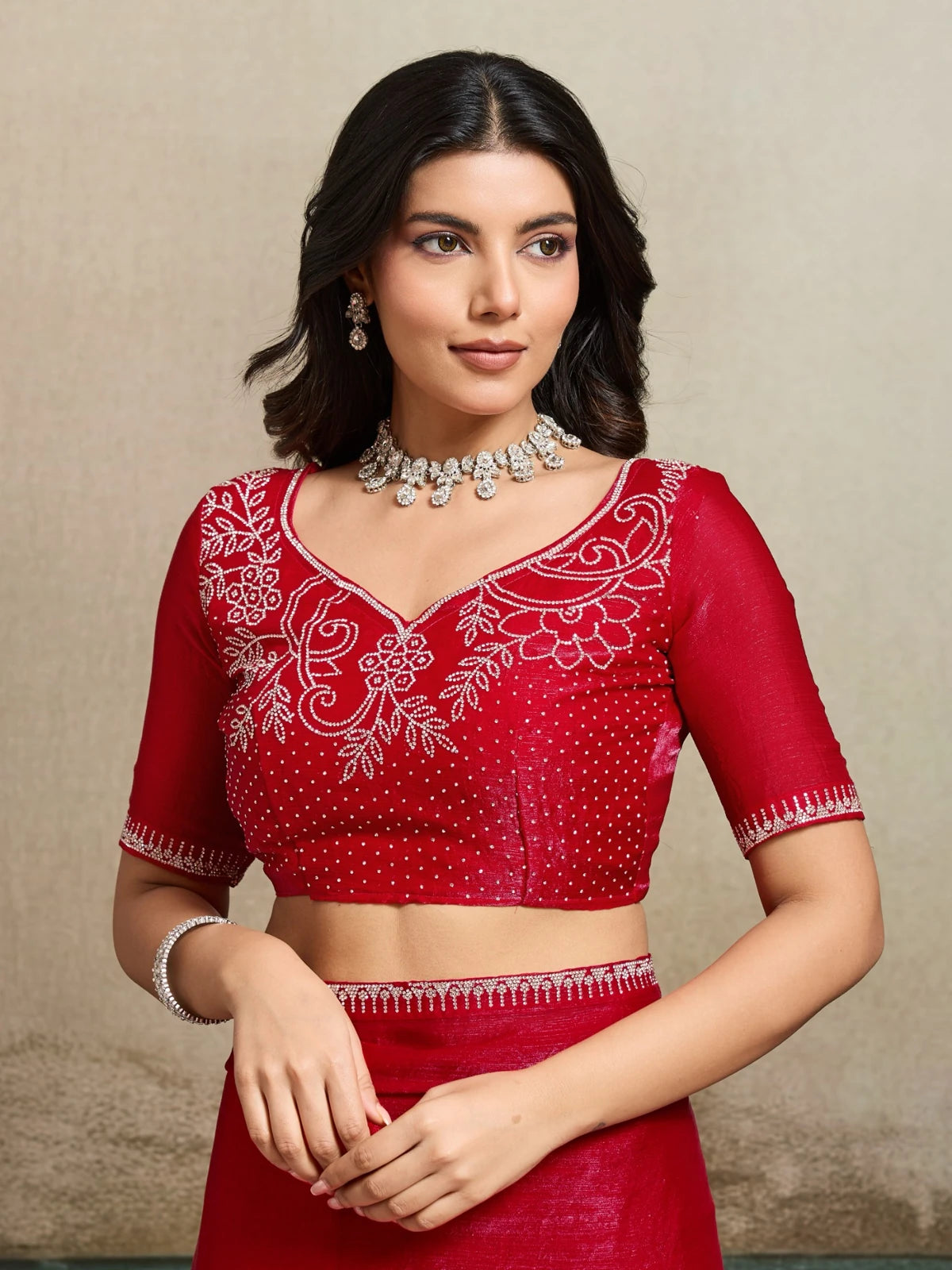 Tarani red saree blouse view with intricate Jarque embroidery detailing