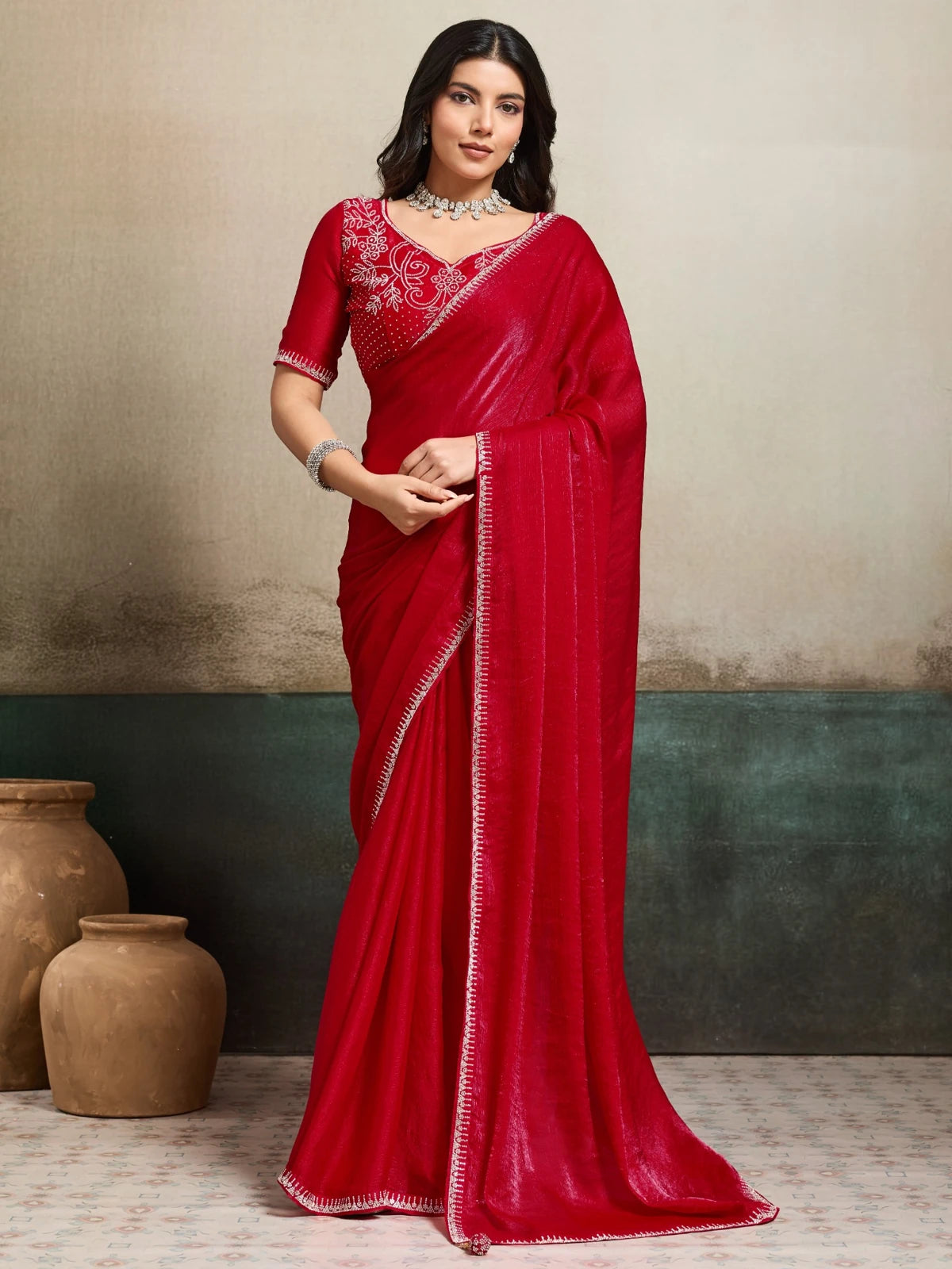 Tarani red Fendy Chiffon Blooming saree full view with Jarque work and blouse piece