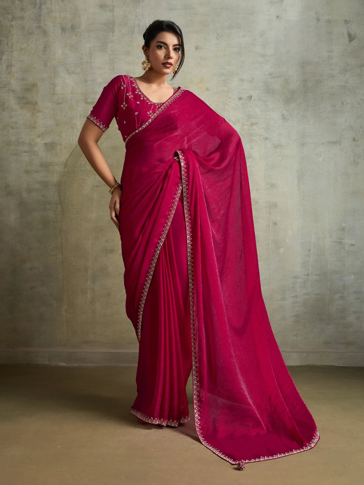 Tarani magenta Fendy Chiffon saree with designer Zarkan work full view for festive party wear