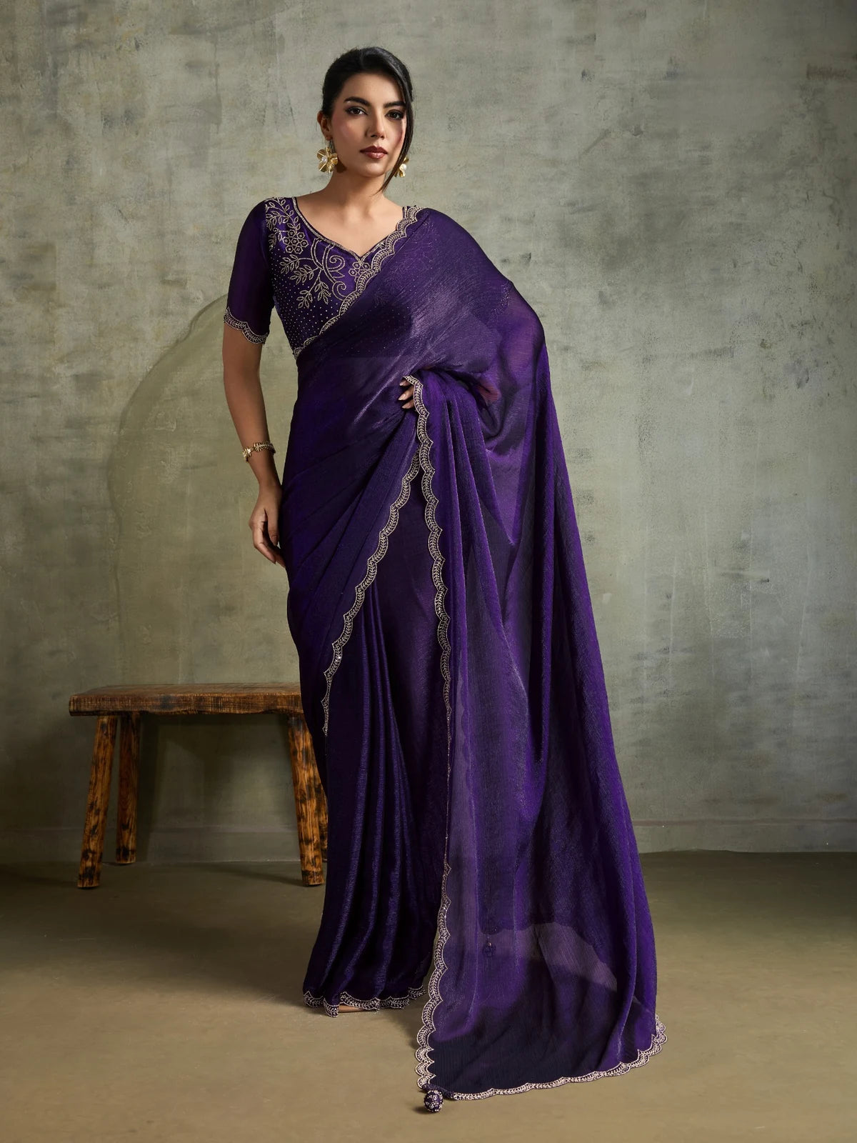 Tarani purple Fendy Chiffon saree with designer Zarkan work full front party wear look