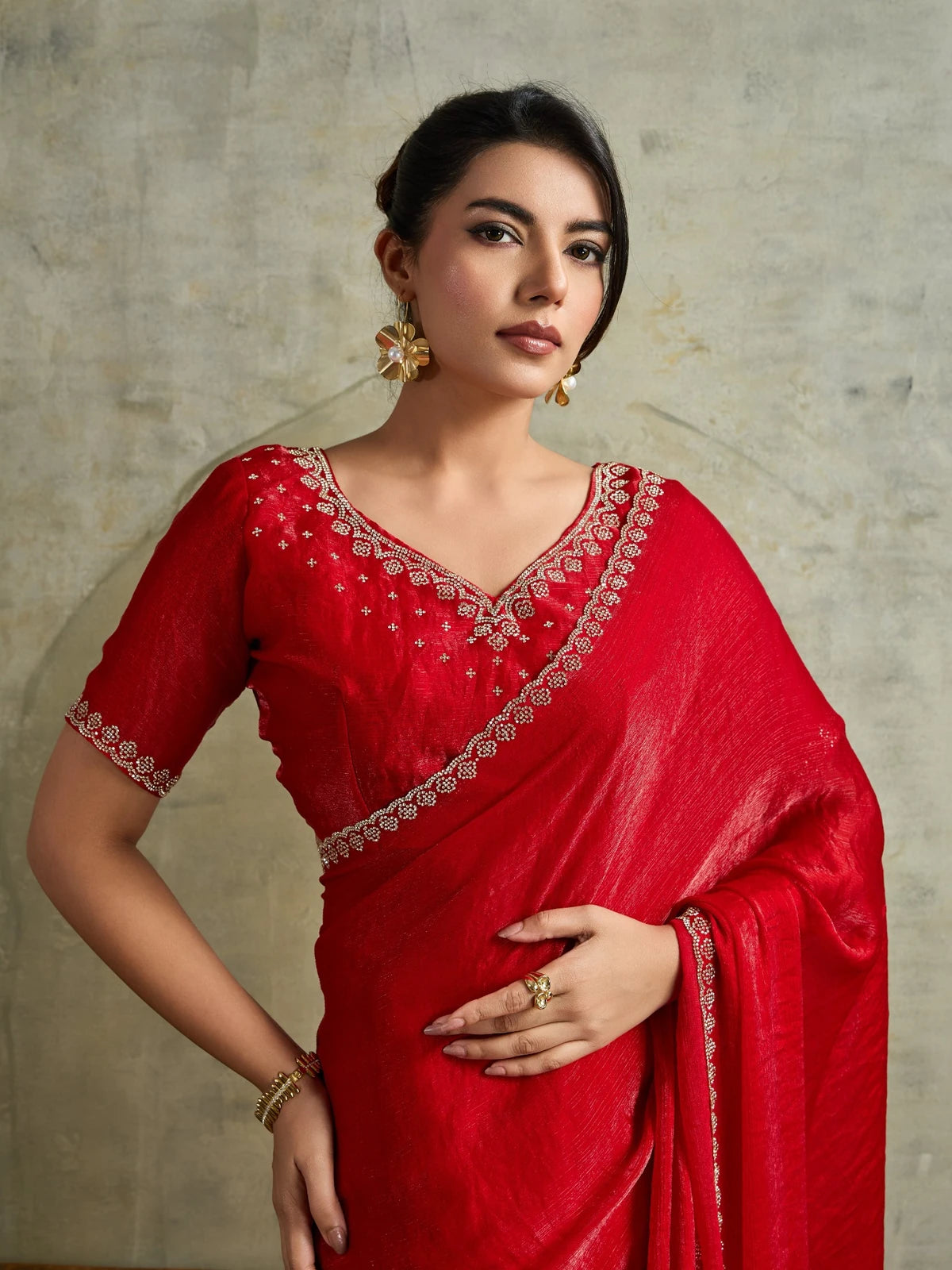 Tarani red Fendy Chiffon saree upper body view with detailed Zarkan work blouse design