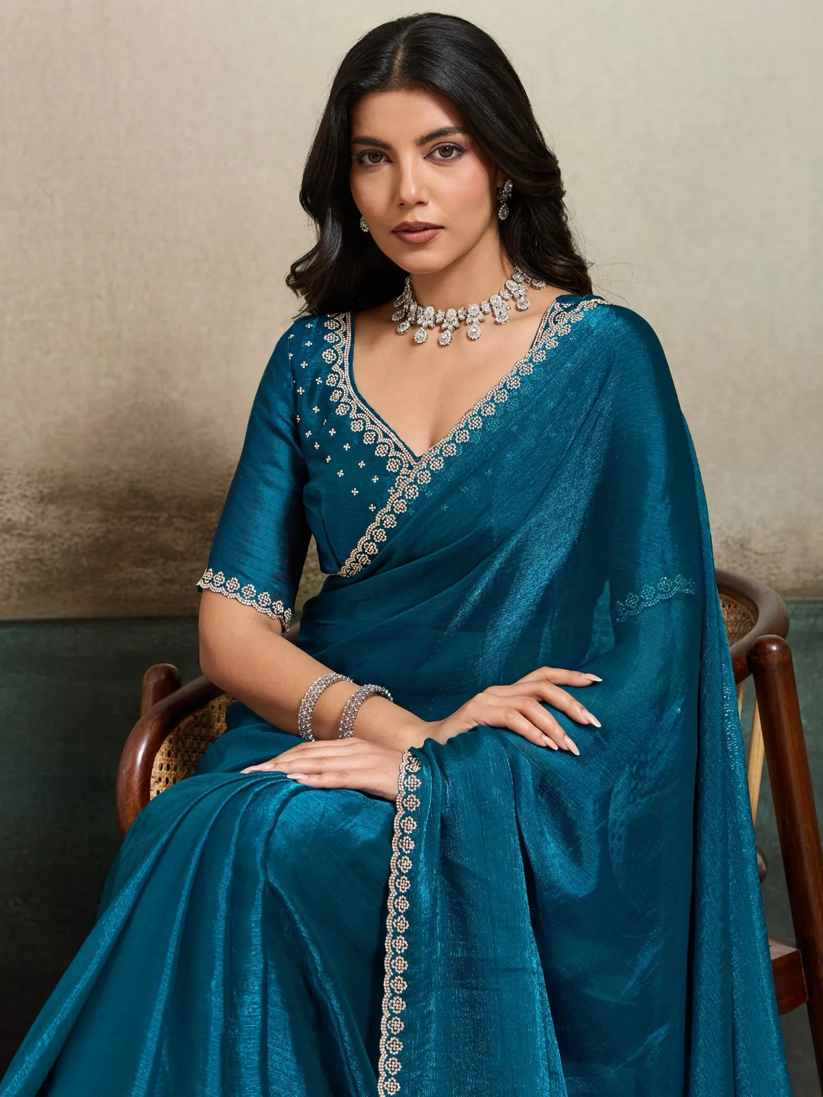 Tarani teal Fendy Chiffon blooming saree with Jarque work pallu view Neharika