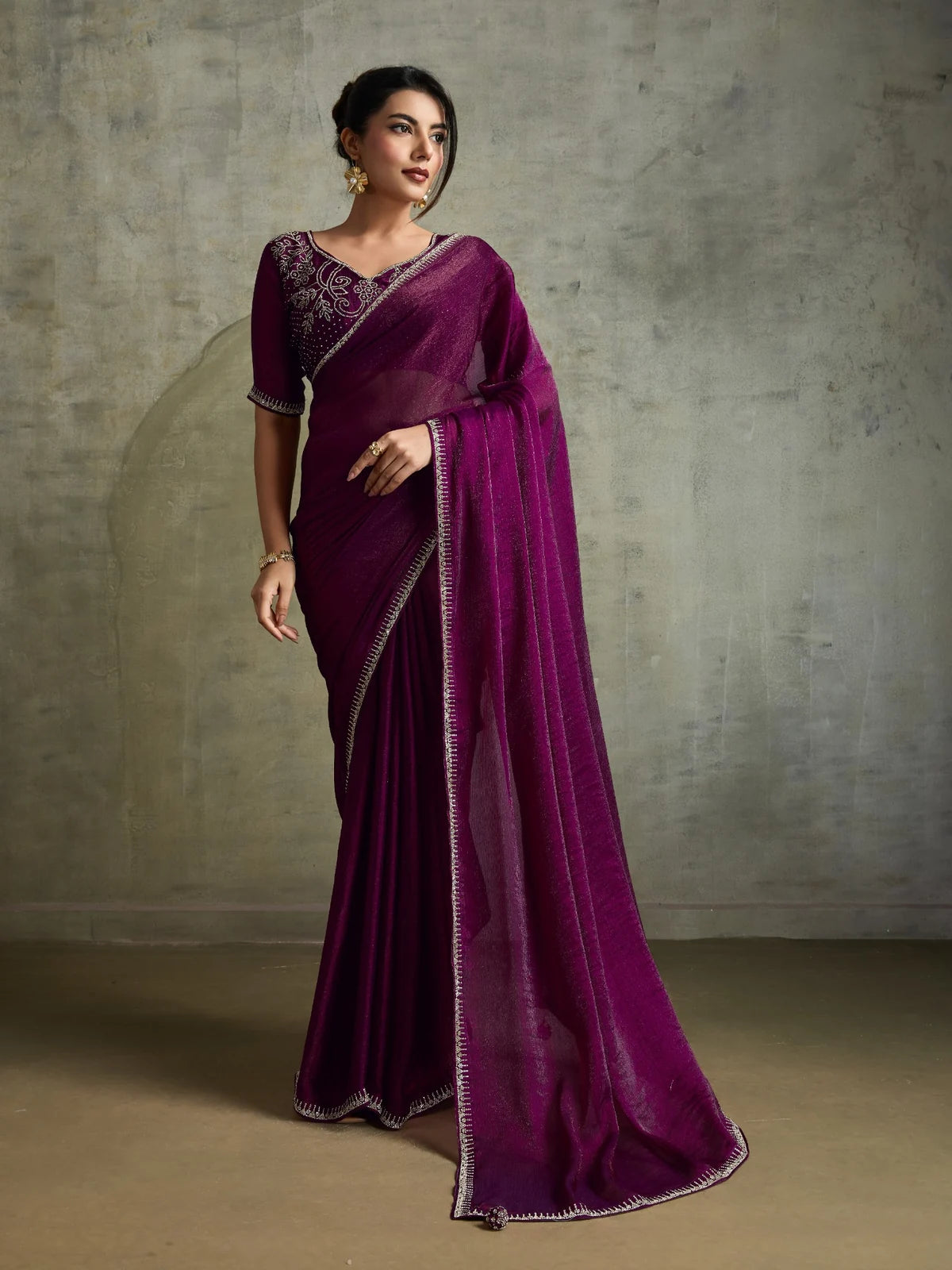 Tarani wine chiffon saree with zarkan work and designer blouse full front view
