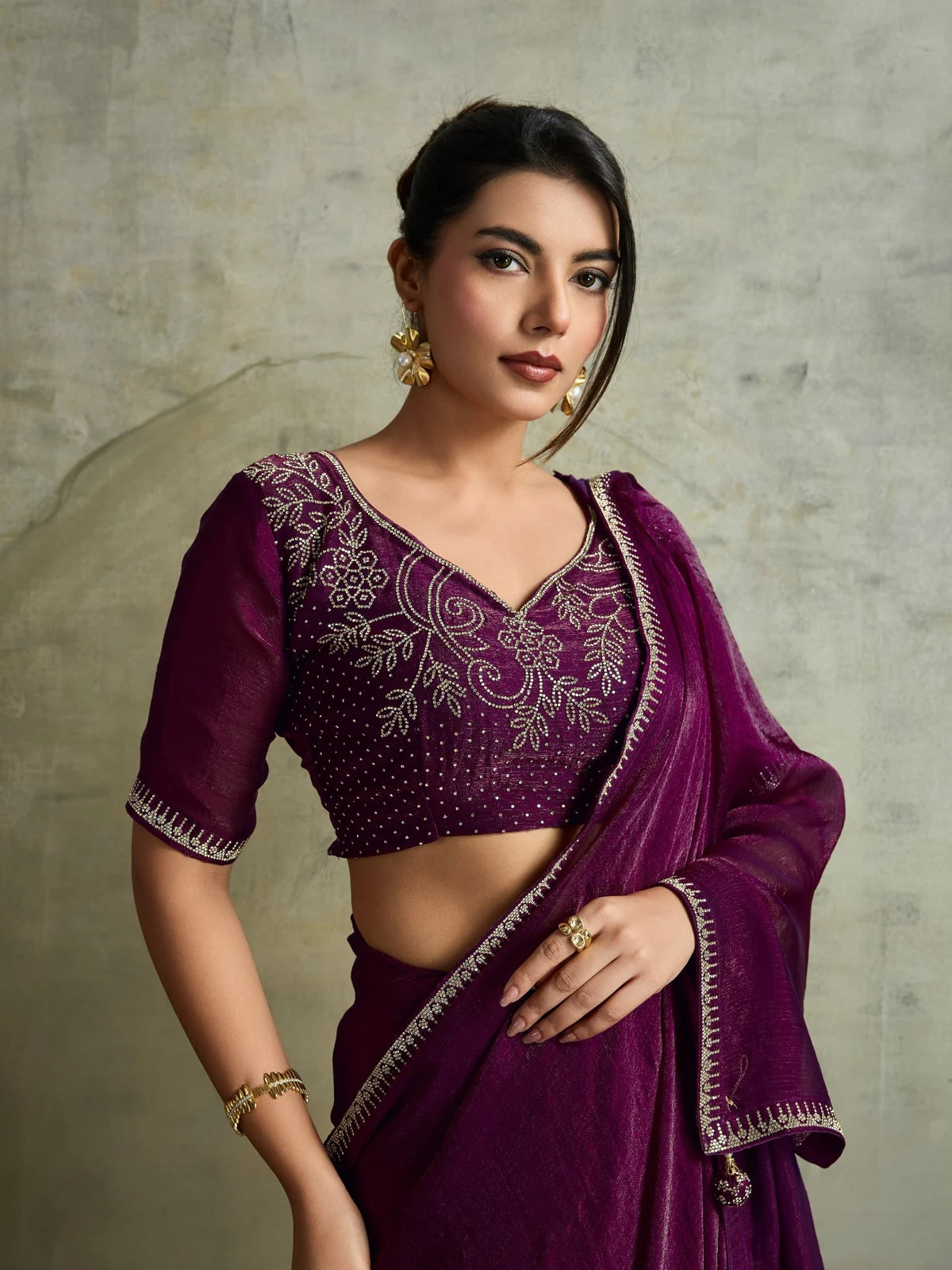 Tarani wine fendy chiffon saree upper body look with detailed zarkan blouse work