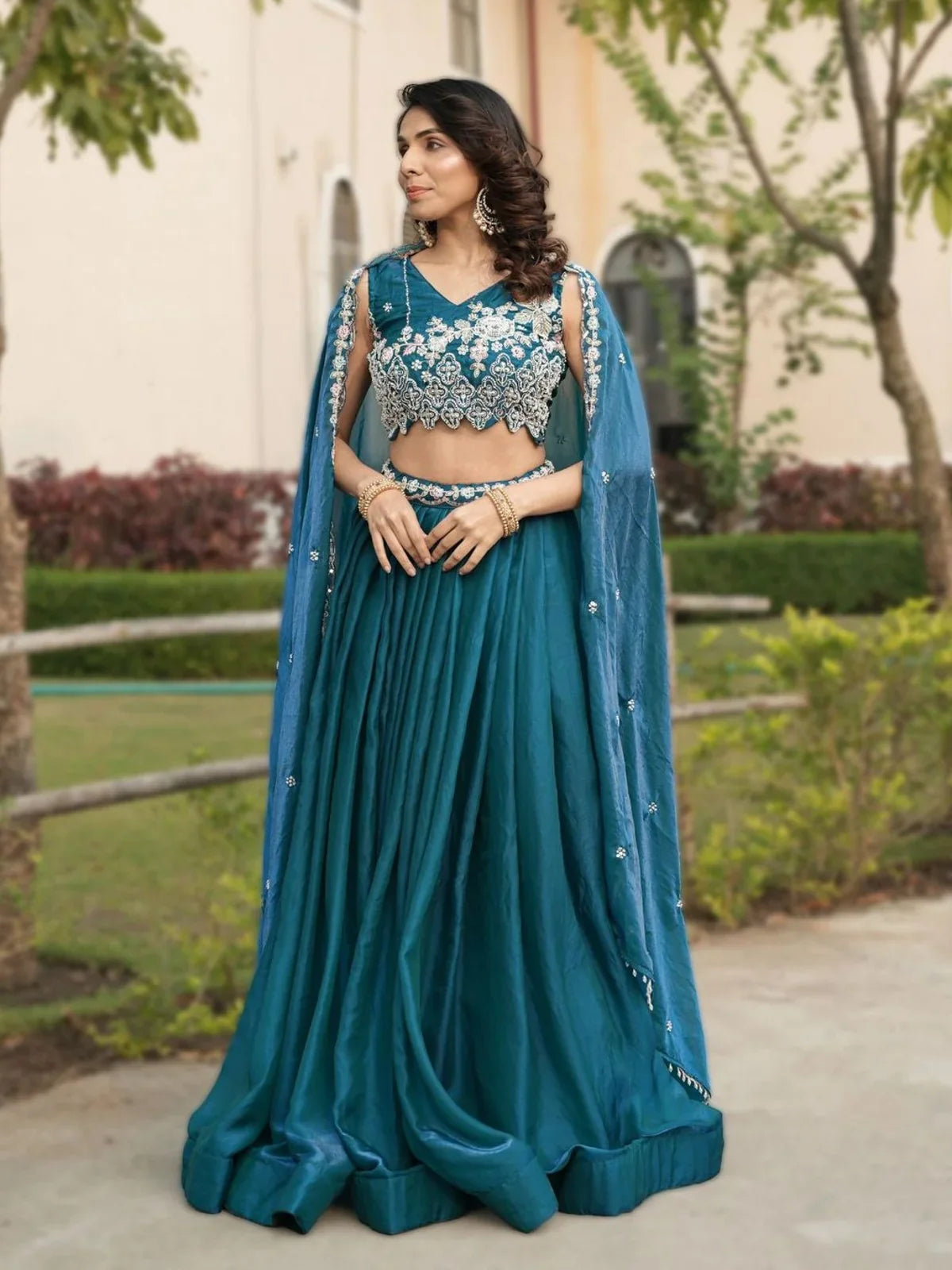 Tarani teal fendy lehenga full view with embroidered blouse and festive dupatta for weddings