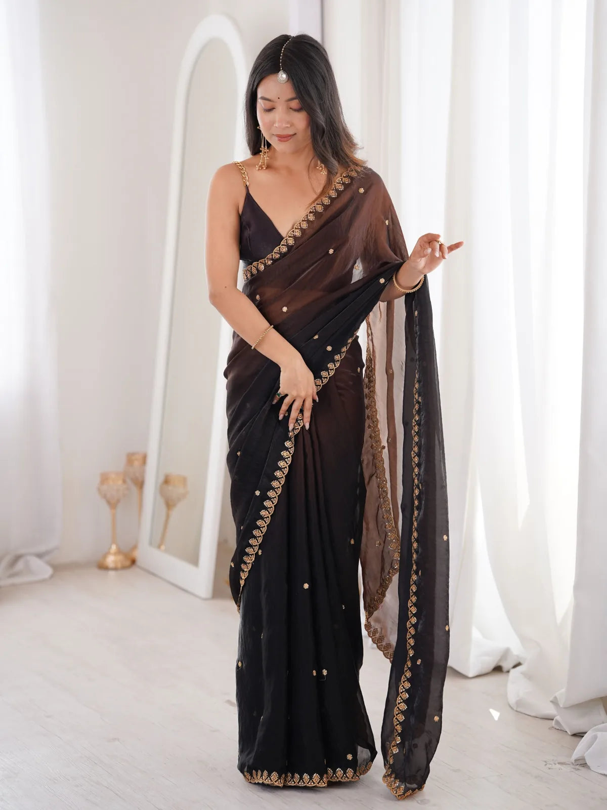 Tarani black Fendy Satin saree with sequence embroidery work full view party wear wedding saree Smrutika