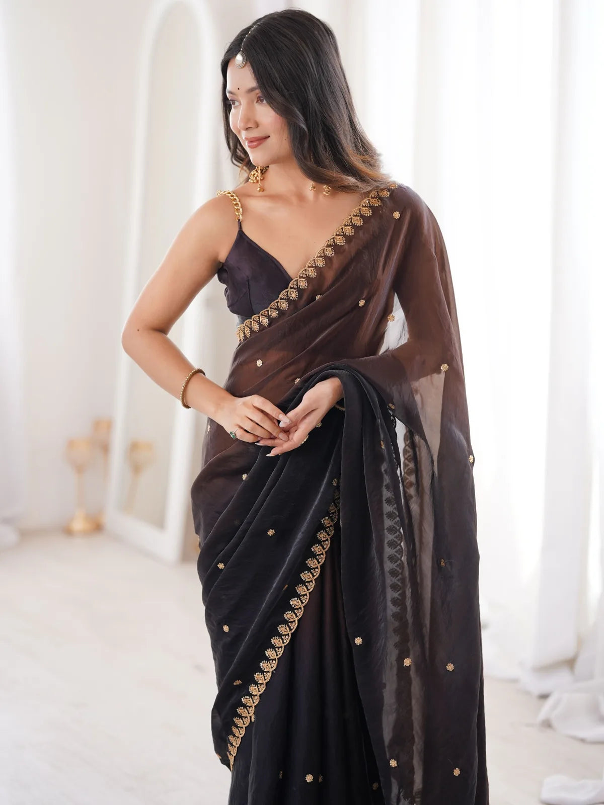 Tarani black Fendy Satin saree upper body view with embroidered border and blouse detail