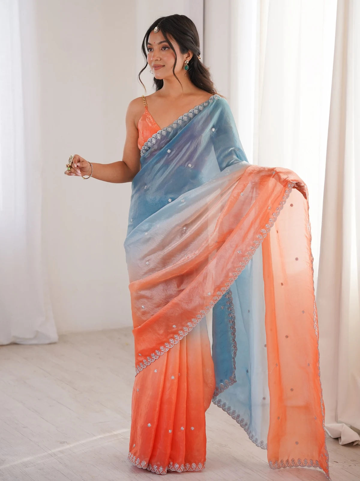 Tarani Meghana Fendy Satin saree pallu view with sequence embroidery detailing