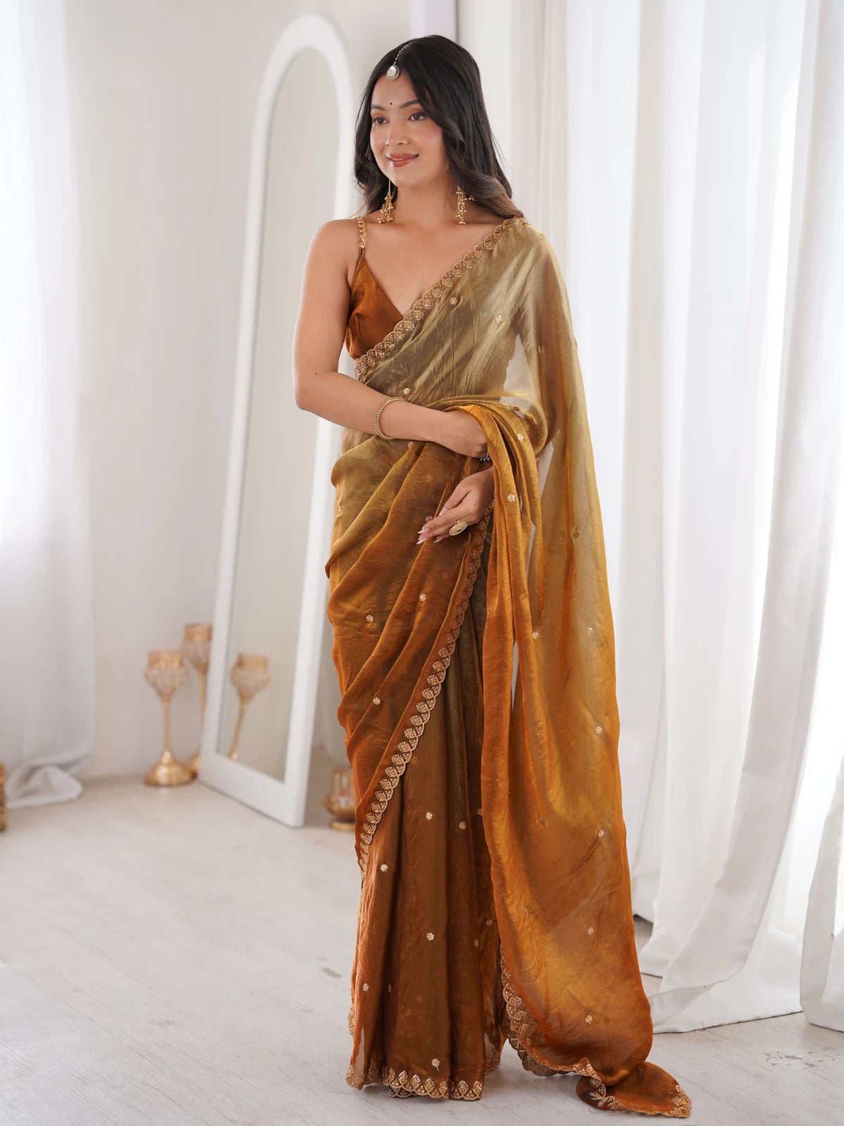 Tarani Aashi brown Fendy Satin saree with sequence embroidery and matching blouse full view