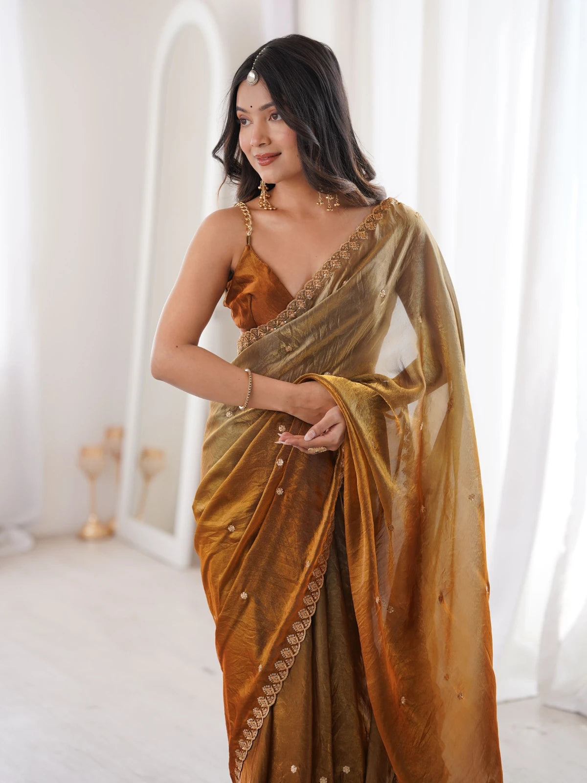 Tarani Aashi brown Fendy Satin saree with sequence embroidery and matching blouse upper body view