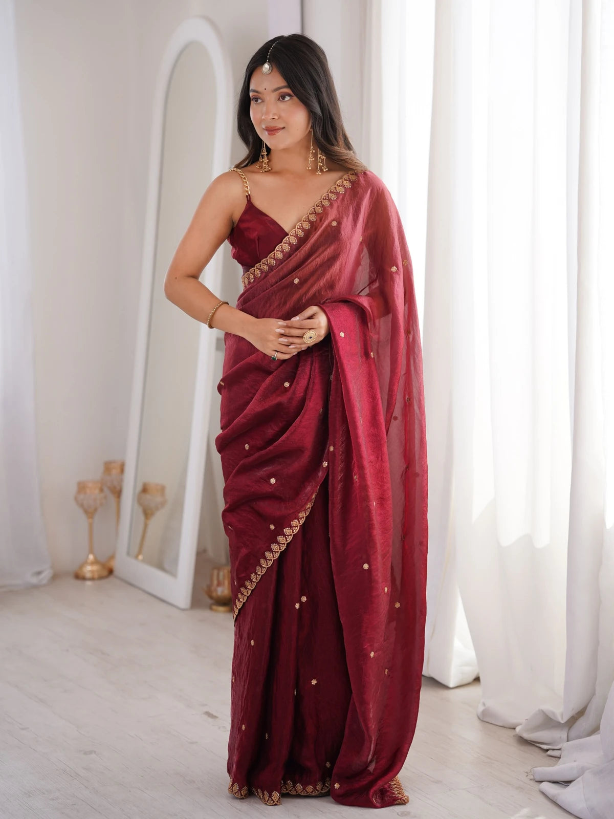 Tarani maroon Fendy Satin saree with sequence embroidery work and matching blouse full view