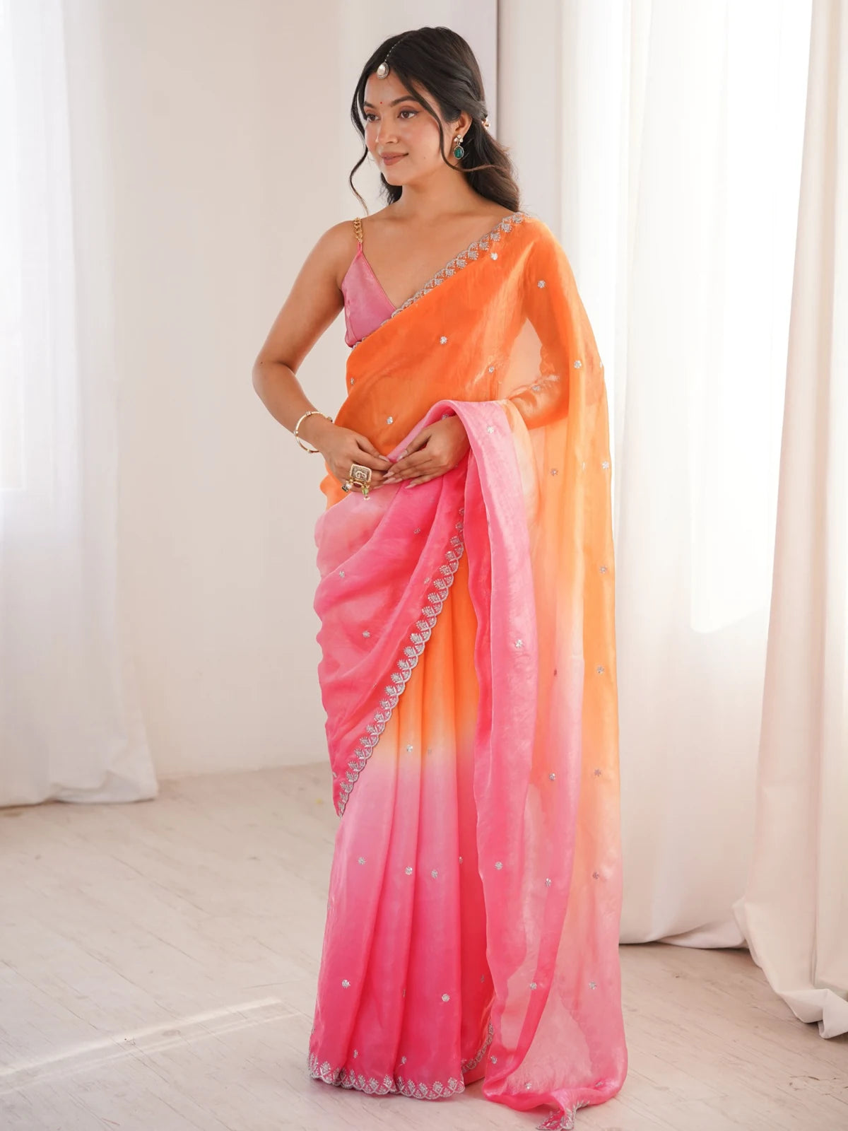Tarani Umaira orange and pink Fendy Satin saree with sequence embroidery work full view for wedding and festive wear
