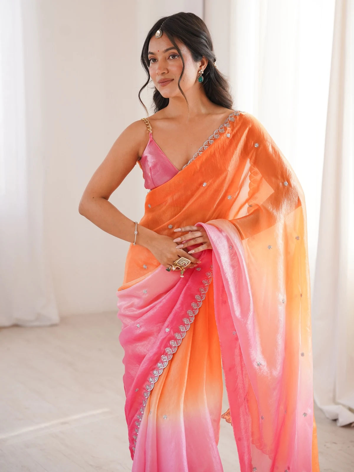 Tarani Umaira orange and pink Fendy Satin saree with sequence embroidery work upper body view
